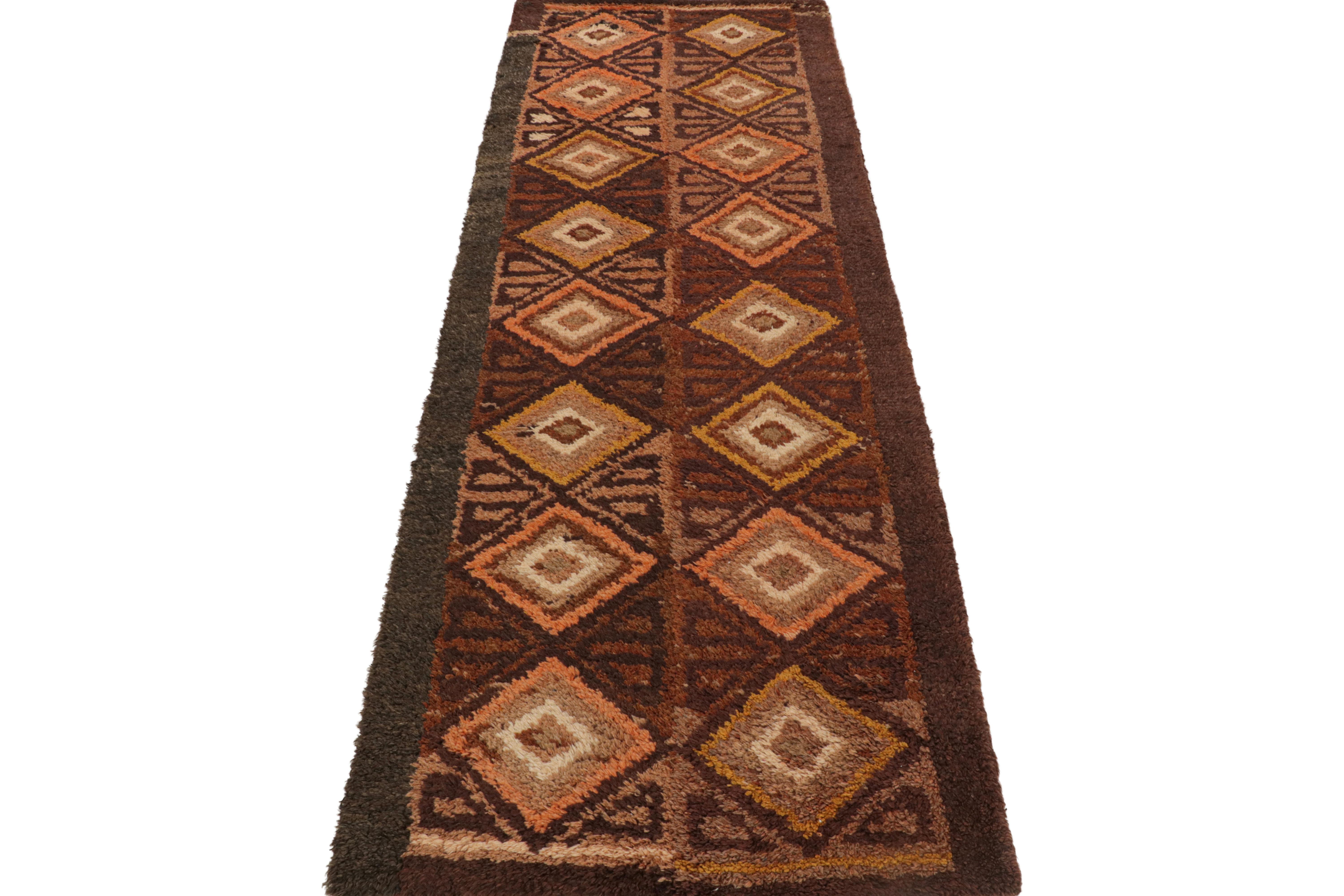Hand-Knotted 1950s Vintage Midcentury Rug Orange Brown Diamond Pattern Runner by Rug & Kilim For Sale