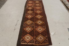 1950s Vintage Midcentury Rug Orange Brown Diamond Pattern Runner by Rug & Kilim