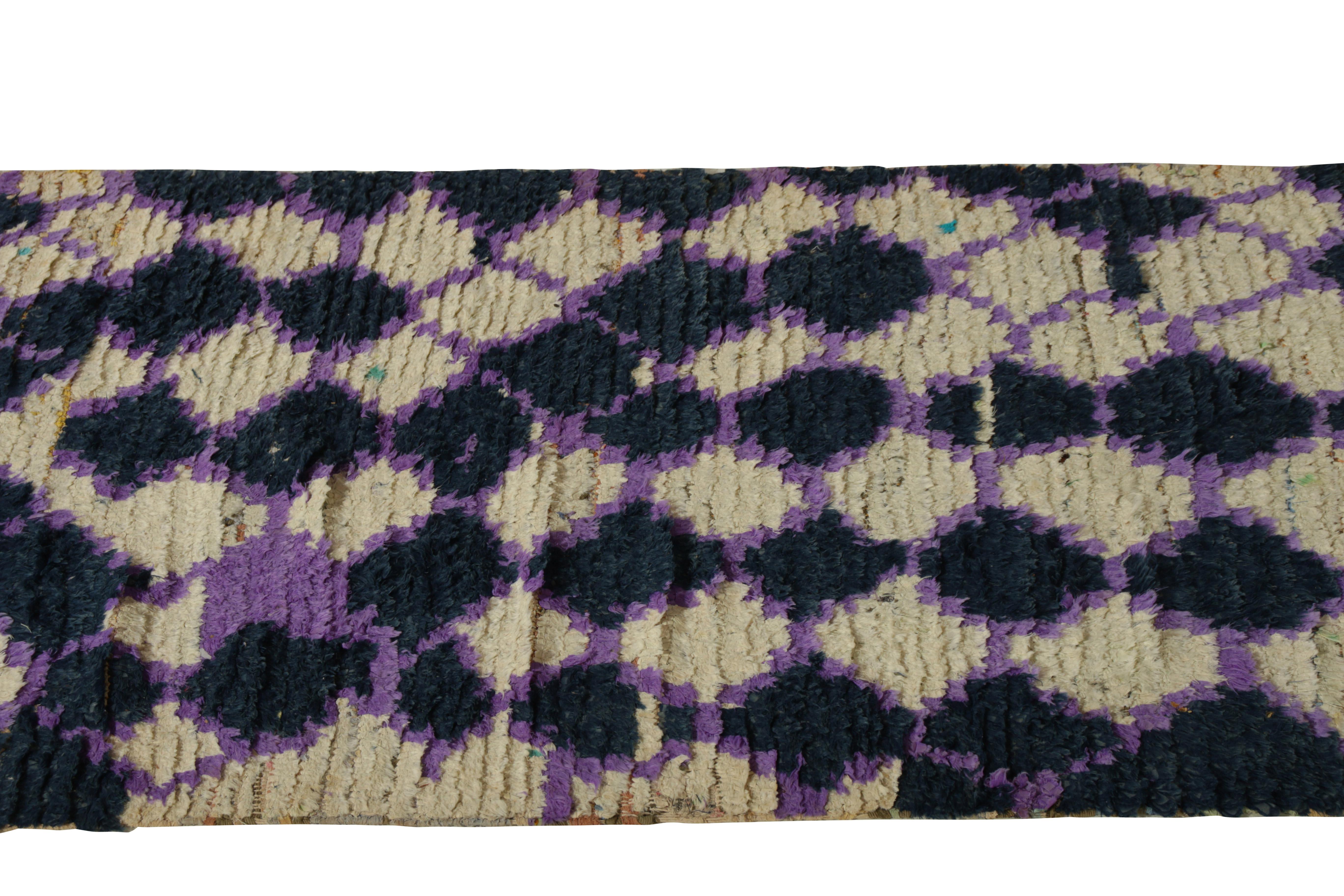 Hand-Knotted 1950s Vintage Moroccan Runner Purple Tribal Rug All Over Pattern by Rug & Kilim For Sale