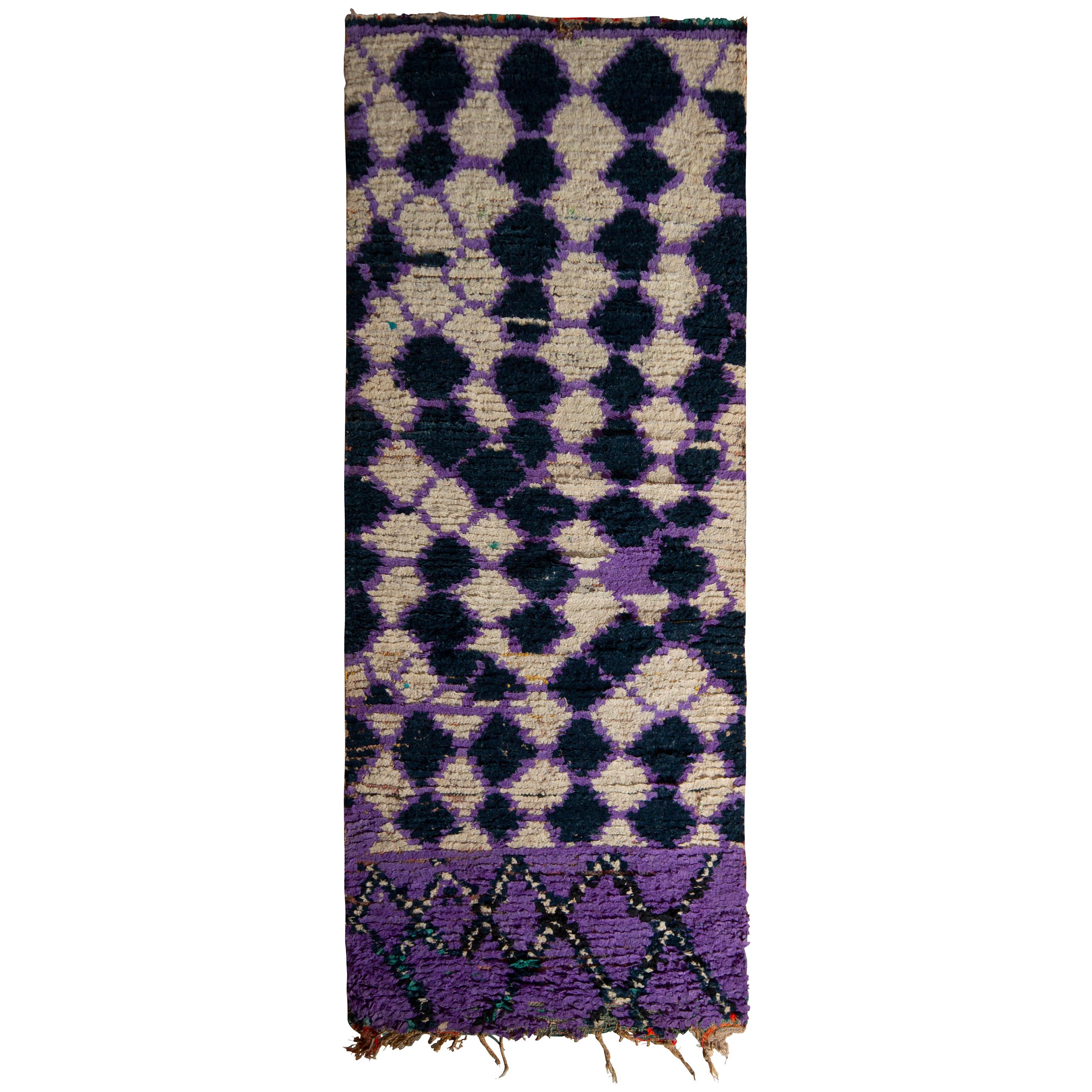 1950s Vintage Moroccan Runner Purple Tribal Rug All Over Pattern by Rug & Kilim For Sale