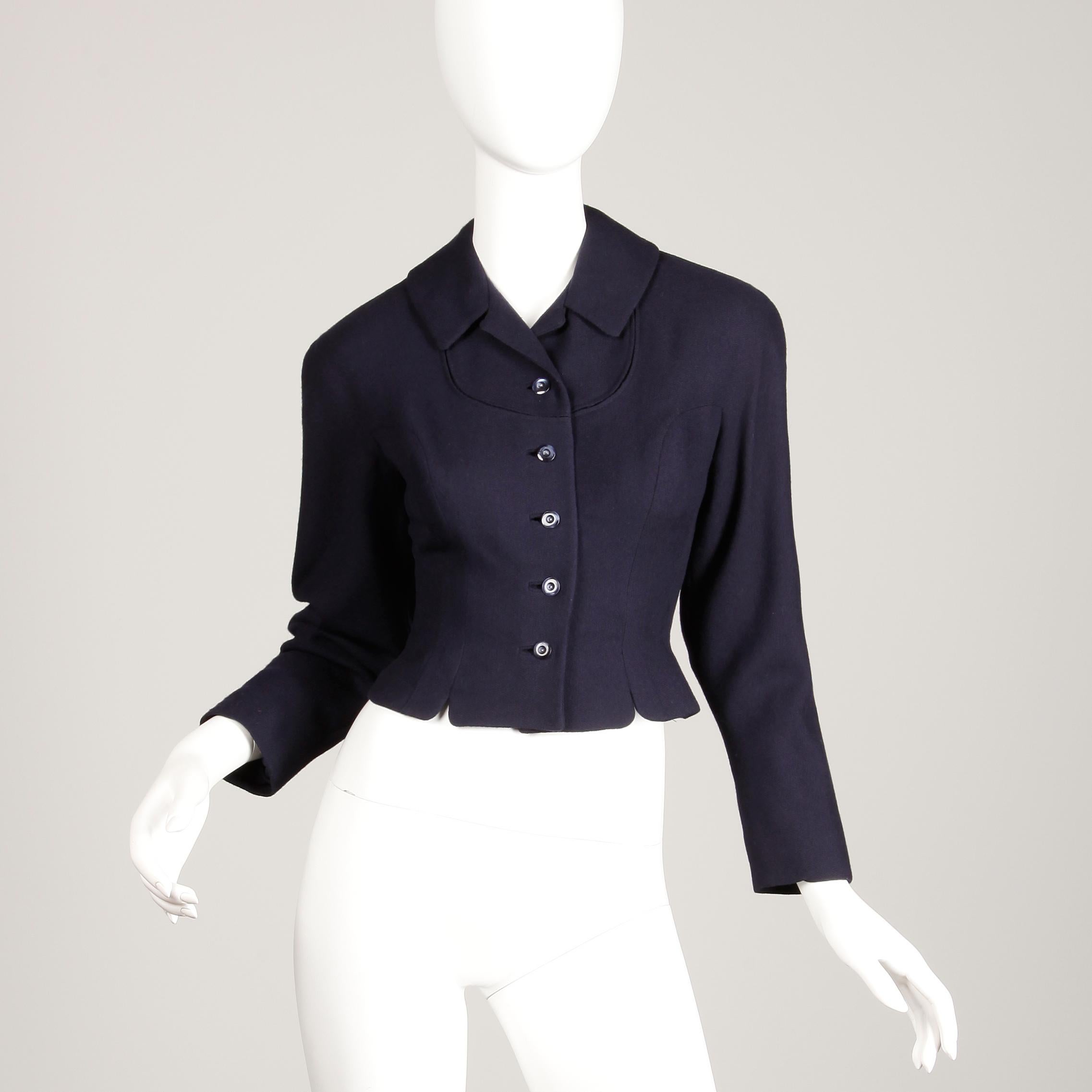Nero Giacca blazer vintage anni '50 in lana blu navy taglia XS in vendita