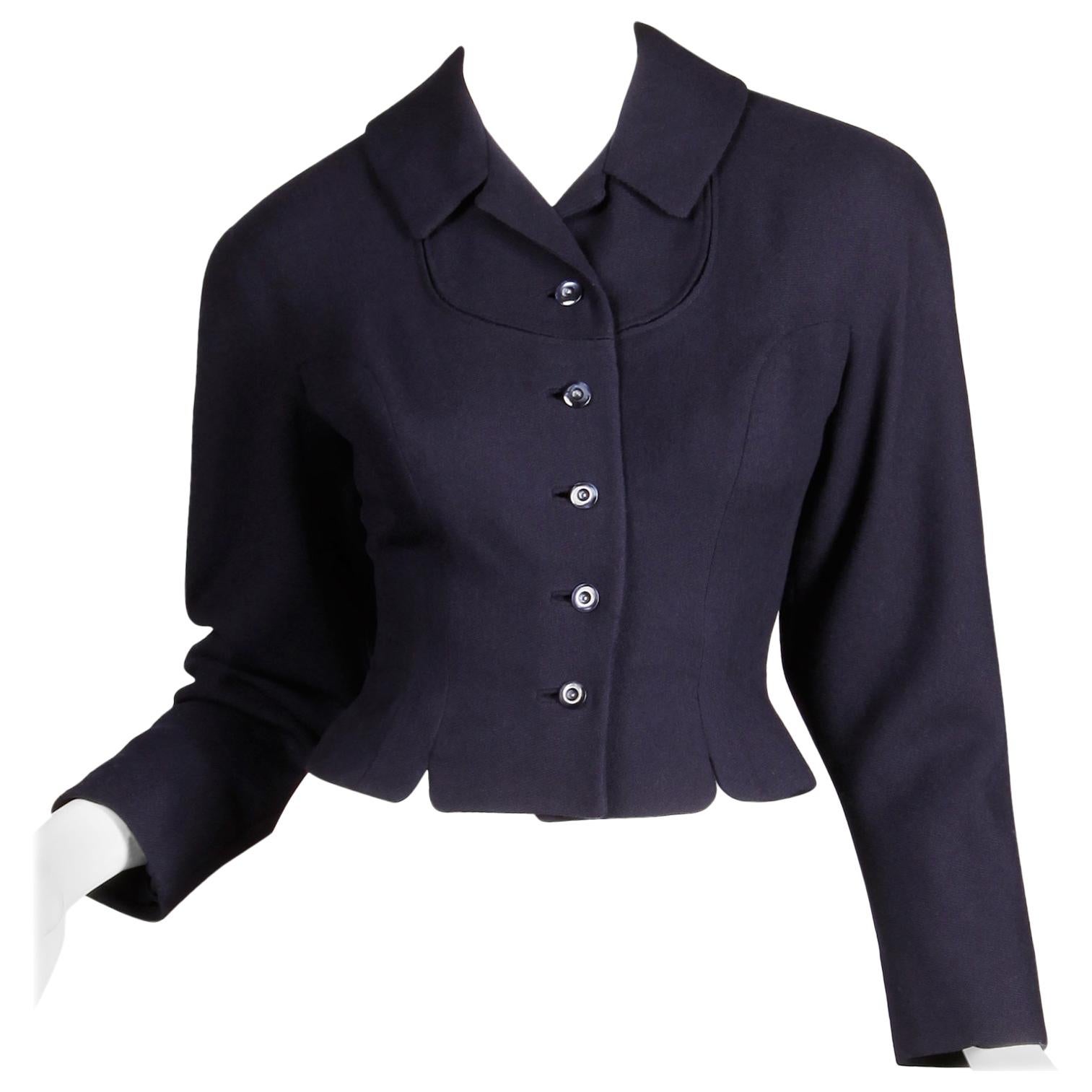 1950s Vintage Navy Blue Wool Blazer Jacket Size XS For Sale
