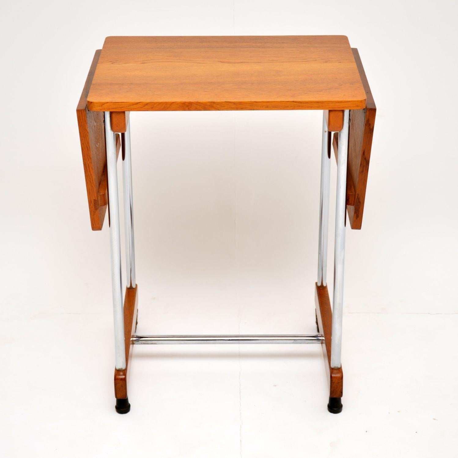 Mid-Century Modern 1950's Vintage Oak & Chrome Drop Leaf Side Table For Sale