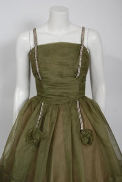 Vintage 1950's Olive Green Pleated Silk Organza Rhinestone Full-Skirt Dress