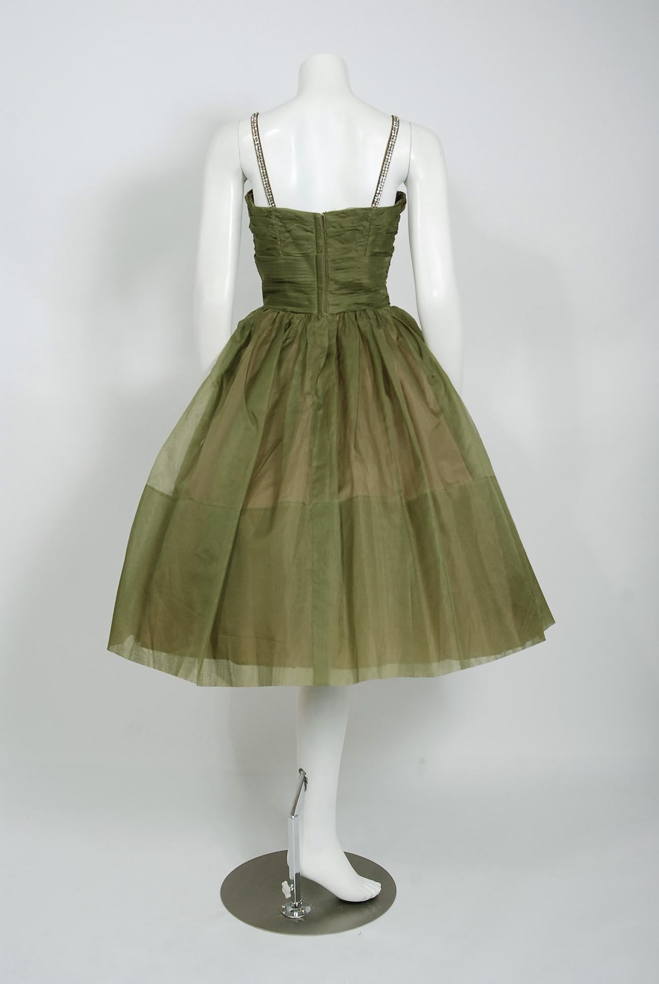 Brown Vintage 1950's Olive Green Pleated Silk Organza Rhinestone Full-Skirt Dress  For Sale