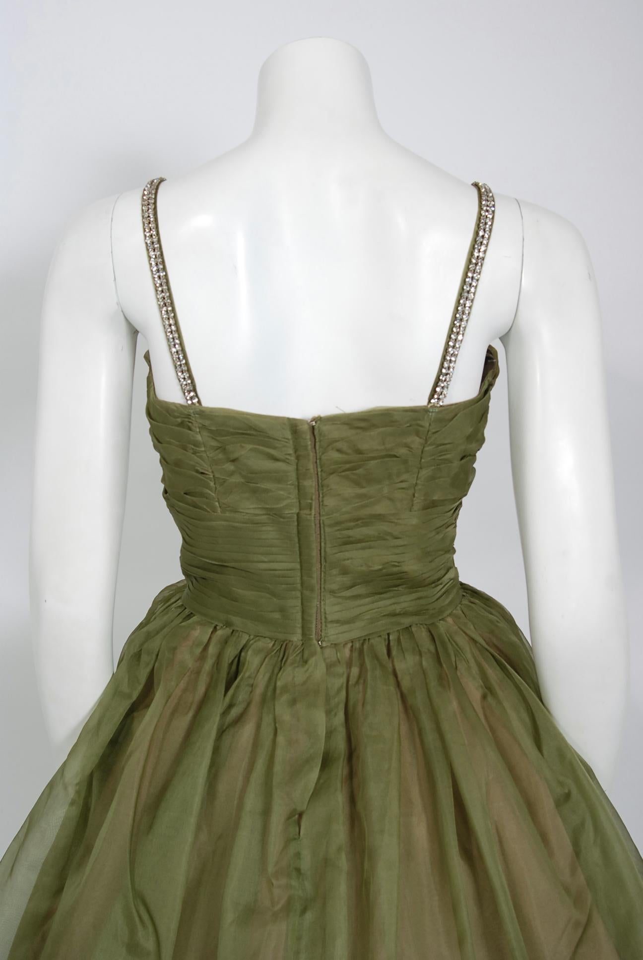 Vintage 1950's Olive Green Pleated Silk Organza Rhinestone Full-Skirt Dress  In Good Condition For Sale In Beverly Hills, CA