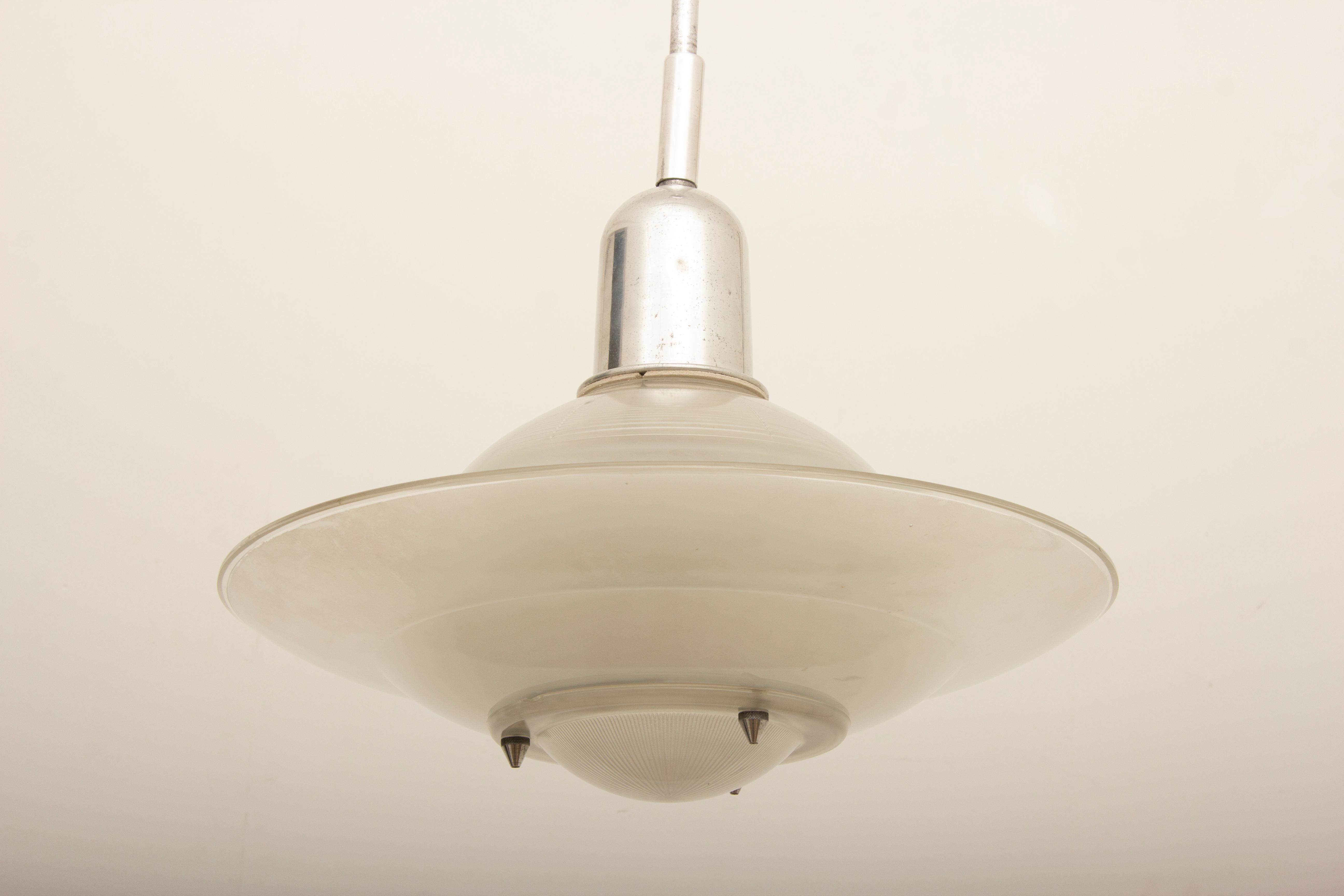 German 1950s Vintage Opaline and Aluminium Halophane Pendant Lamp