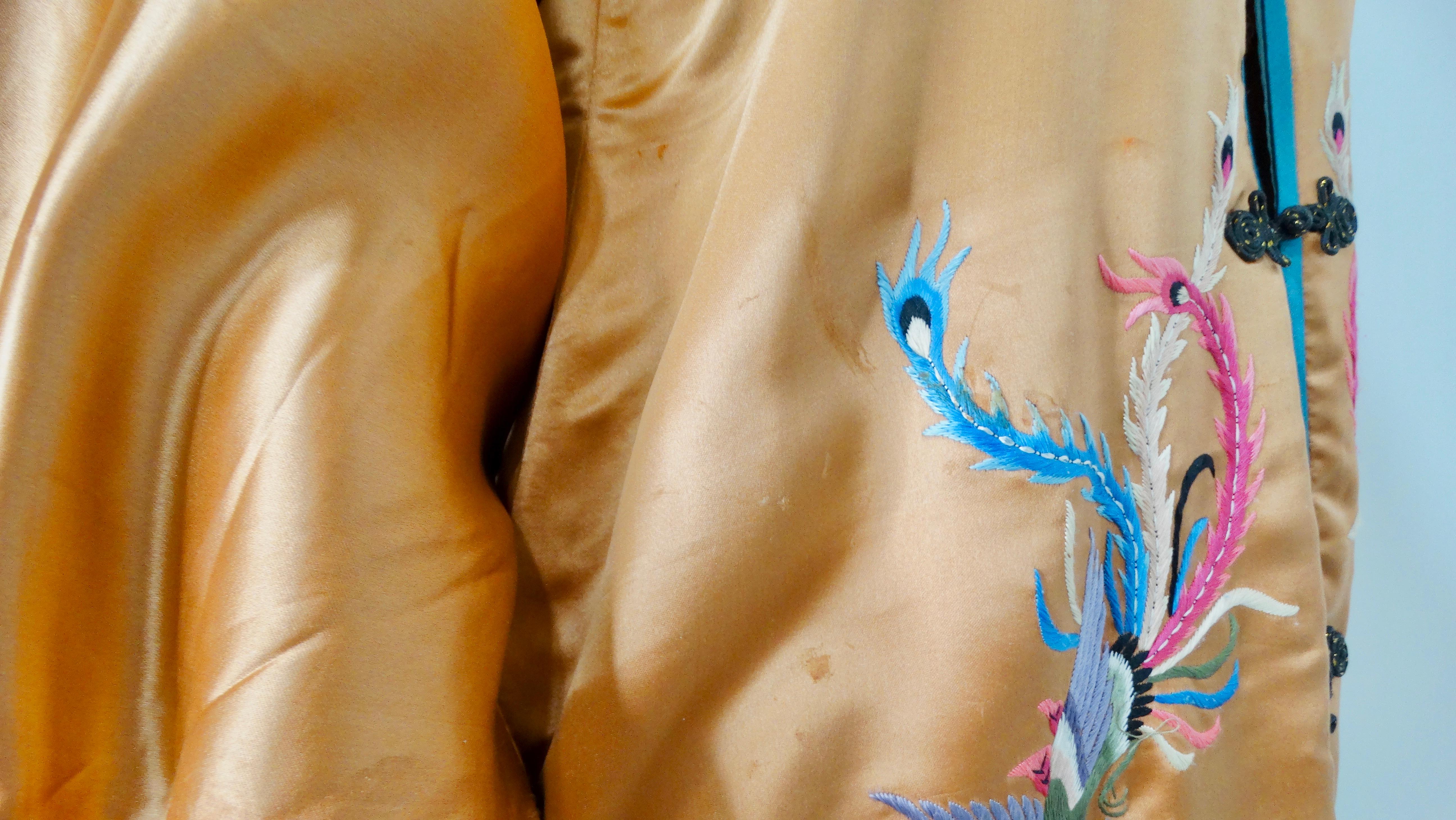 1950s Vintage Orange Chinese Silk Floral Embroidered Print Jacket For Sale 6