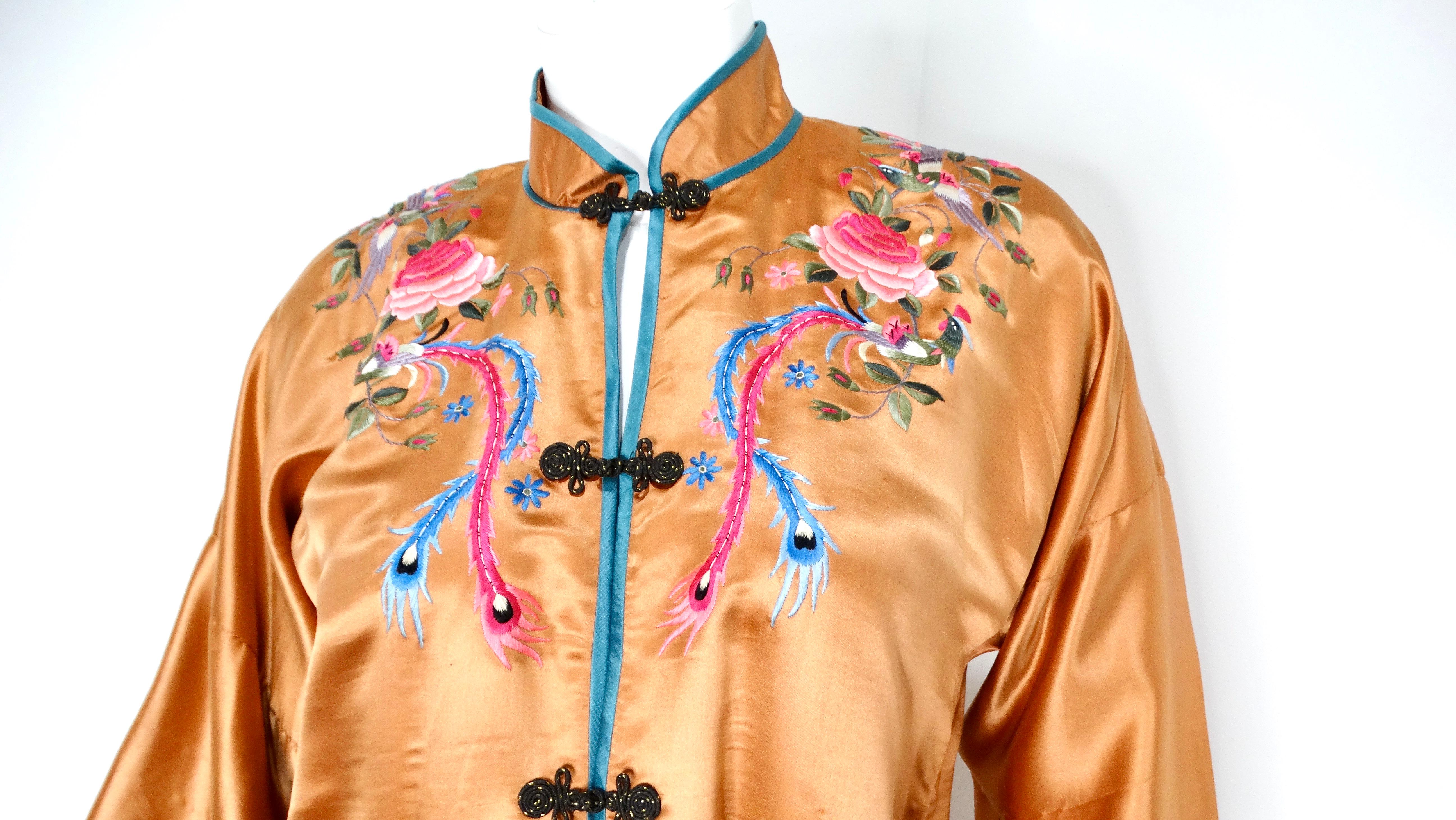 Women's 1950s Vintage Orange Chinese Silk Floral Embroidered Print Jacket For Sale