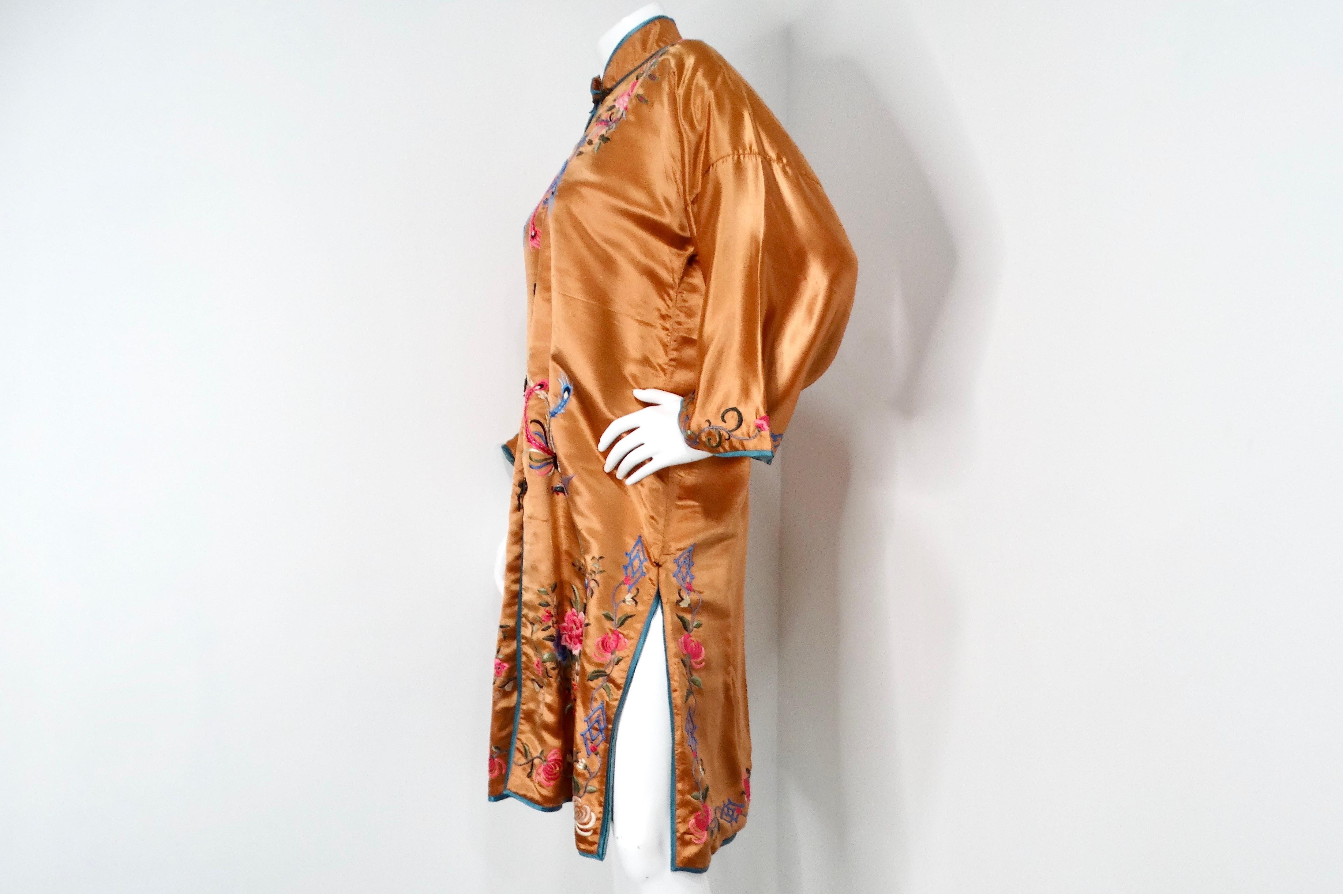 1950s Vintage Orange Chinese Silk Floral Embroidered Print Jacket For Sale 1
