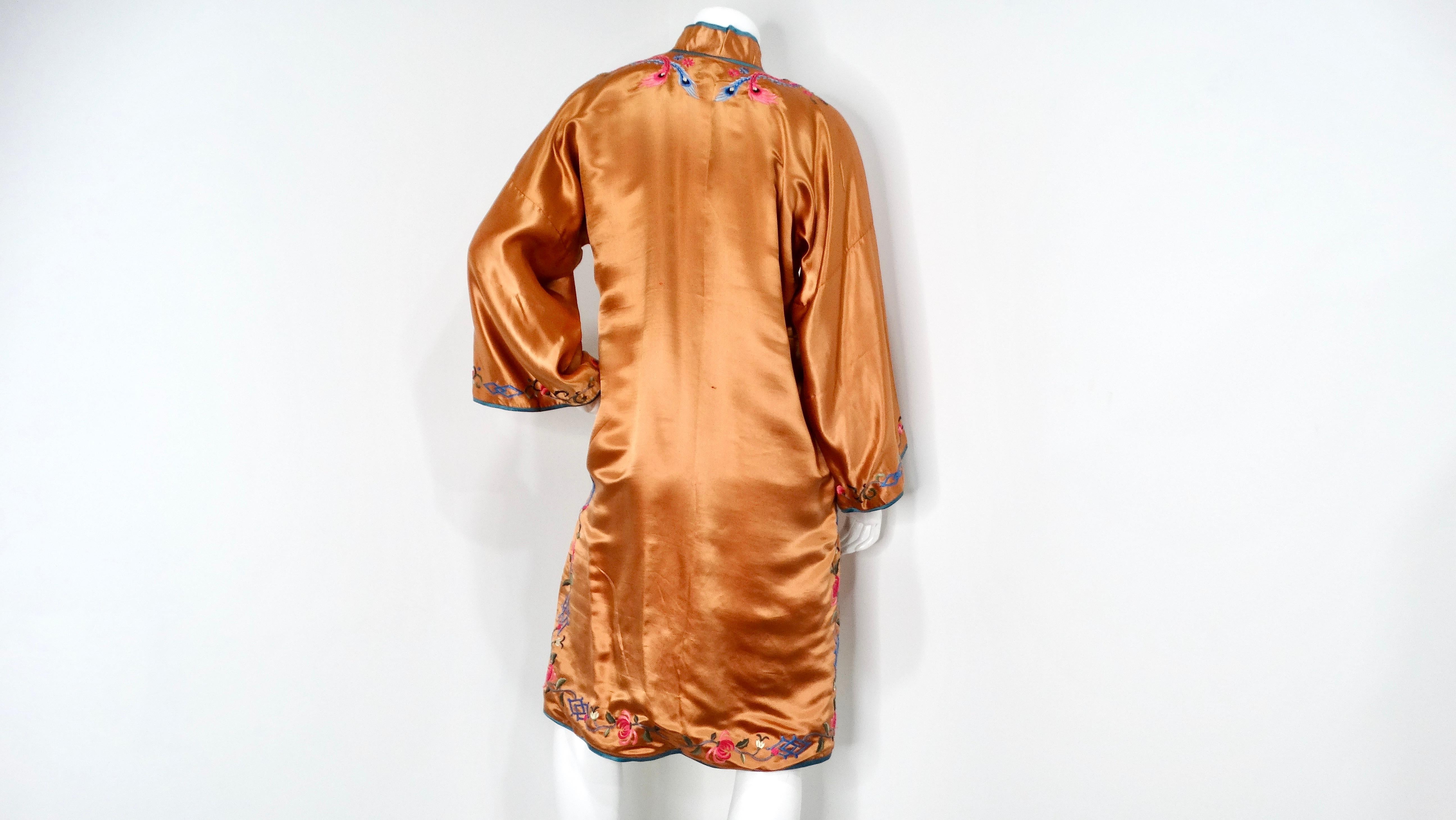 1950s Vintage Orange Chinese Silk Floral Embroidered Print Jacket For Sale 3