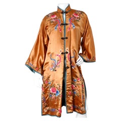 1950s Vintage Orange Chinese Silk Floral Embroidered Print Jacket
