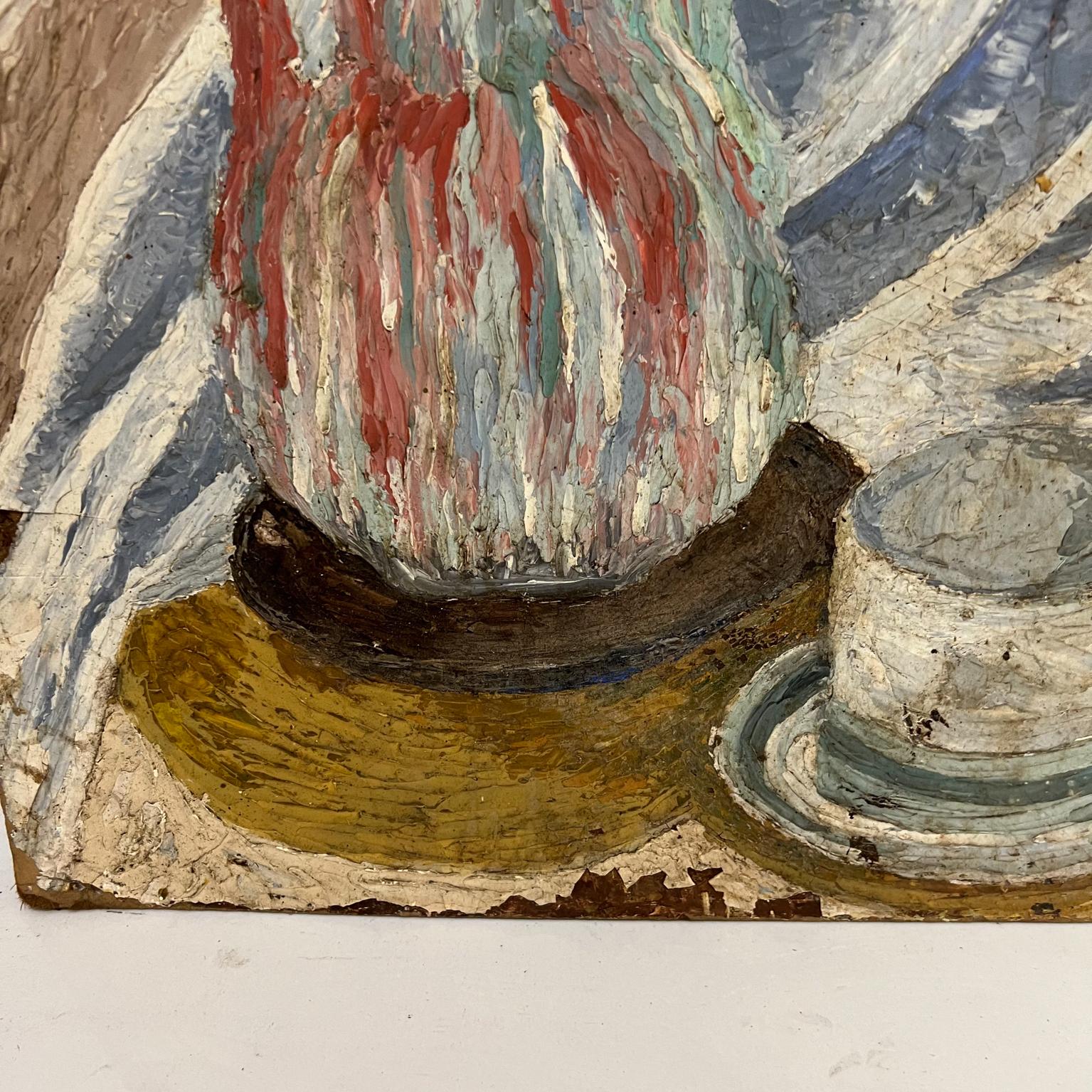 1950s Vintage Original Art Oil Painting Still Life Cup & Saucer on Table Set In Distressed Condition In Chula Vista, CA