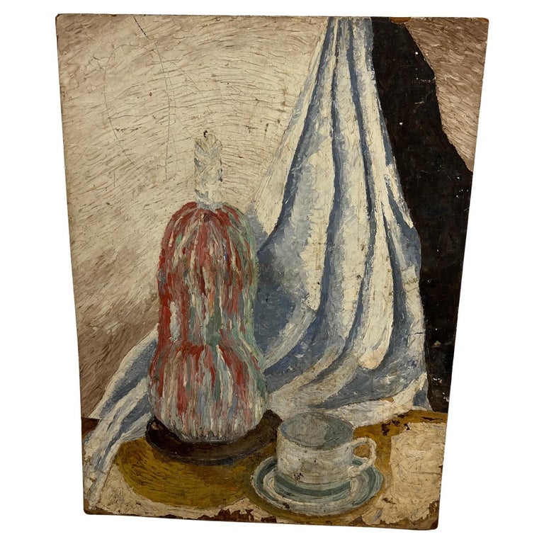 1950s Vintage Original Art Oil Painting Still Life Cup and Saucer on