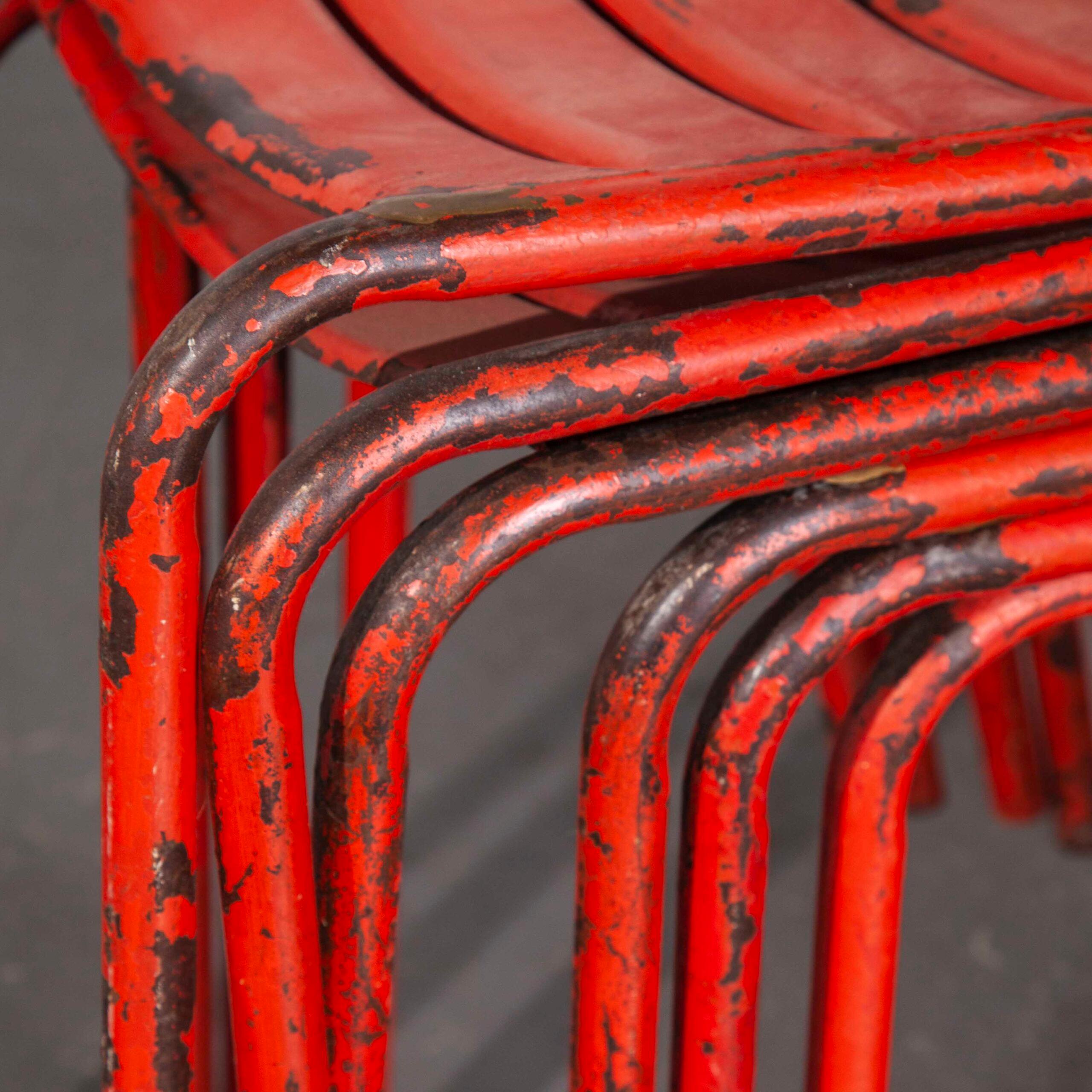 1950’s Vintage Original French Red Tolix Metal Café Dining Chairs, Set of Six 6