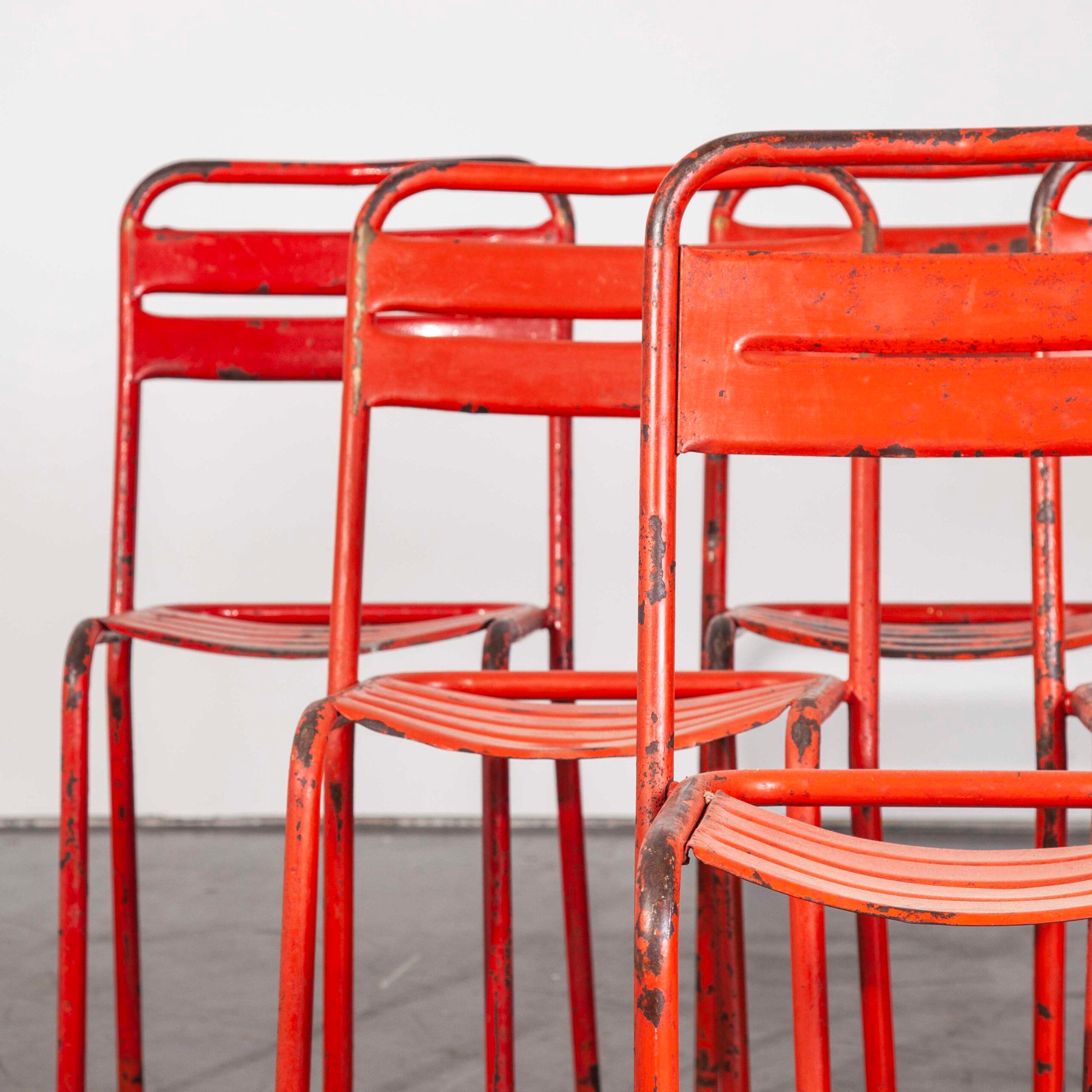European 1950’s Vintage Original French Red Tolix Metal Café Dining Chairs, Set of Six