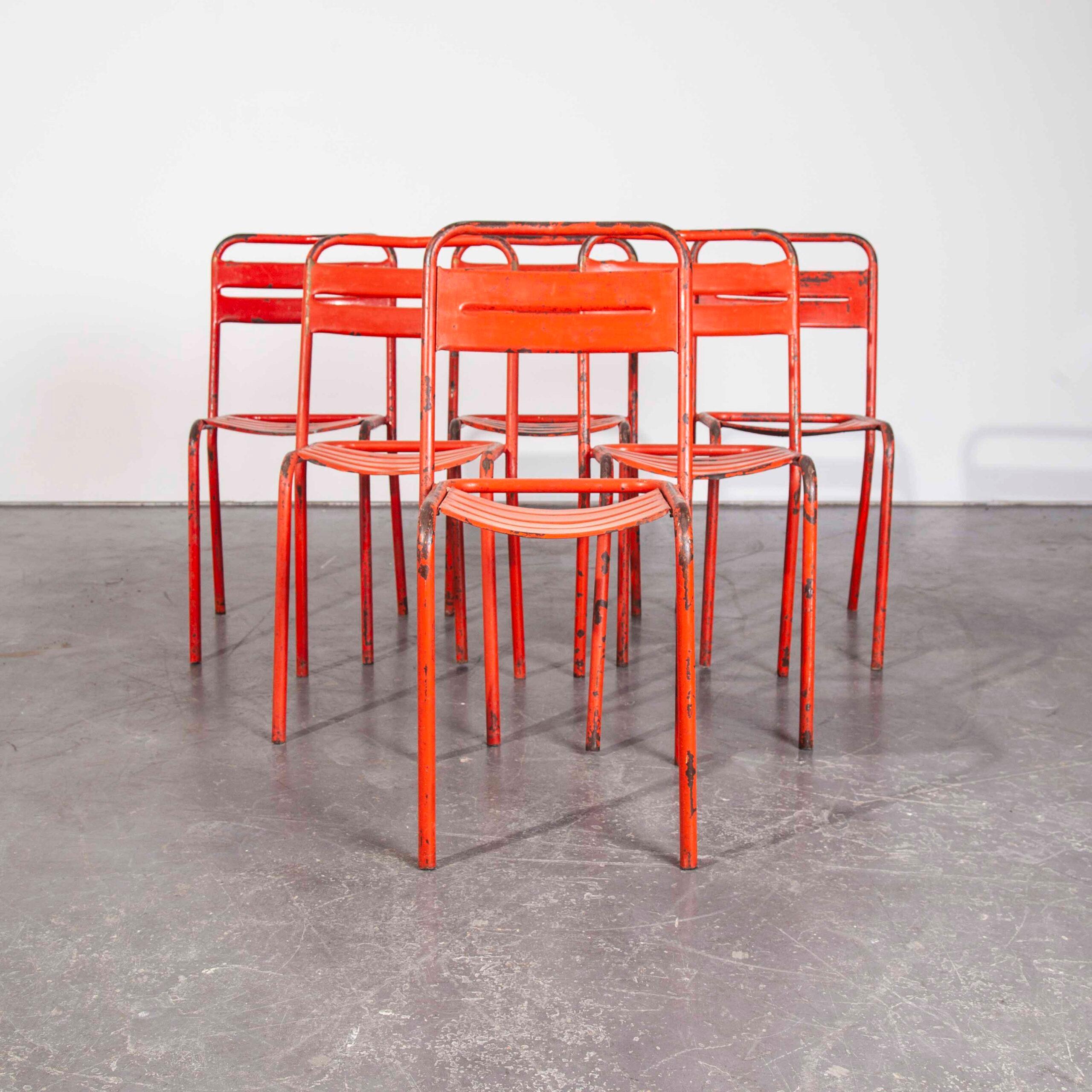 1950’s Vintage Original French Red Tolix Metal Café Dining Chairs, Set of Six In Good Condition In Hook, Hampshire