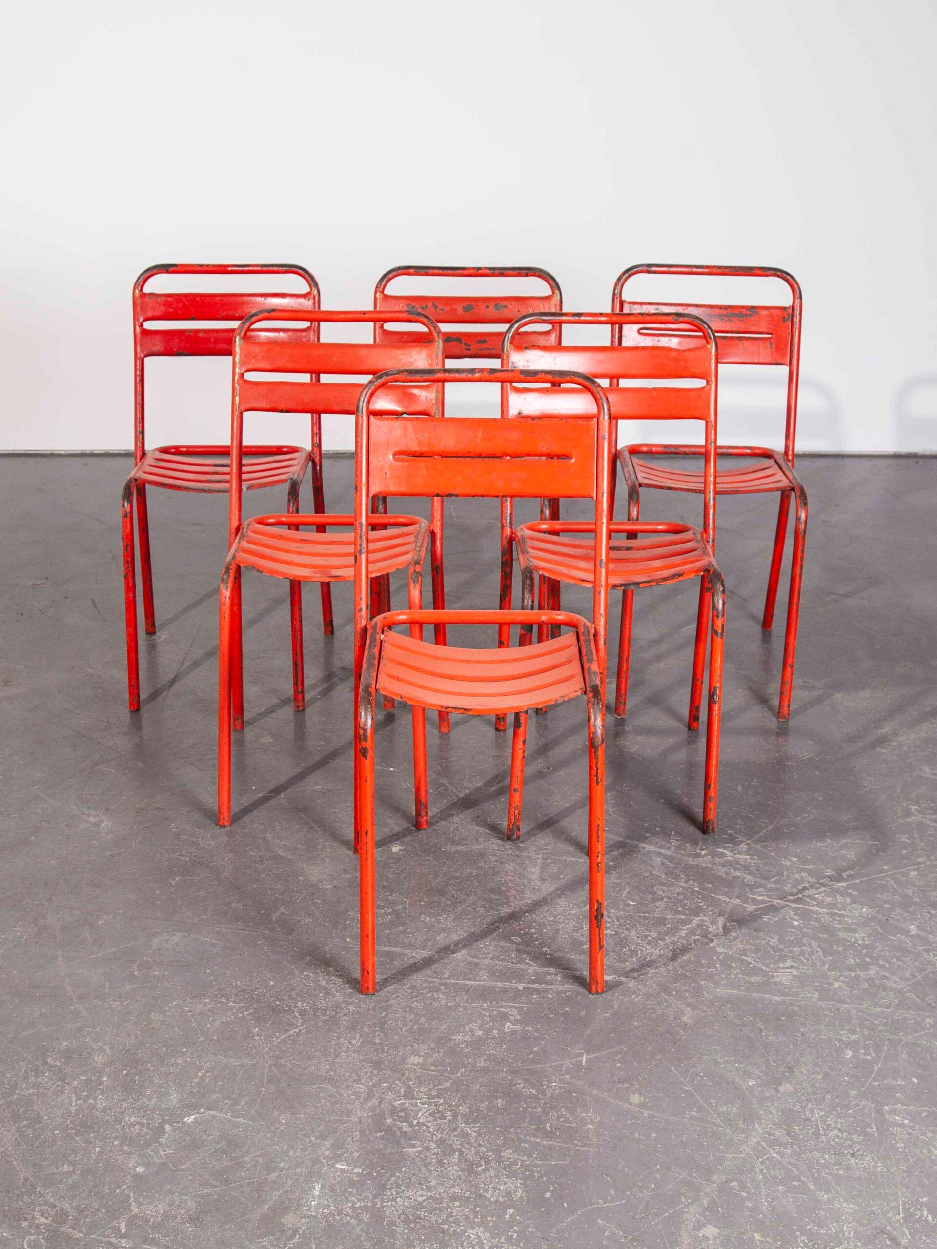 Mid-20th Century 1950’s Vintage Original French Red Tolix Metal Café Dining Chairs, Set of Six