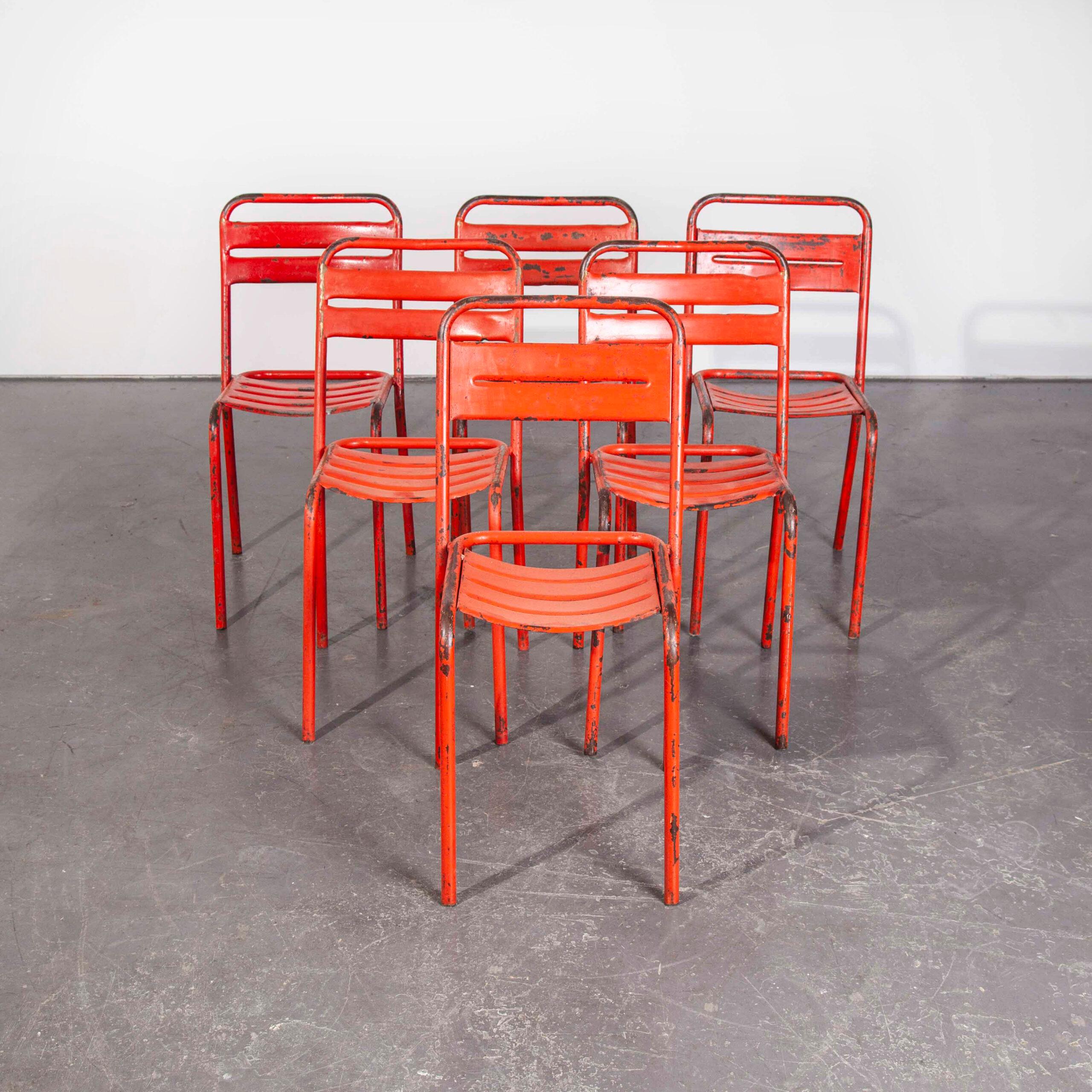 1950’s Vintage Original French Red Tolix Metal Café Dining Chairs, Set of Six 1