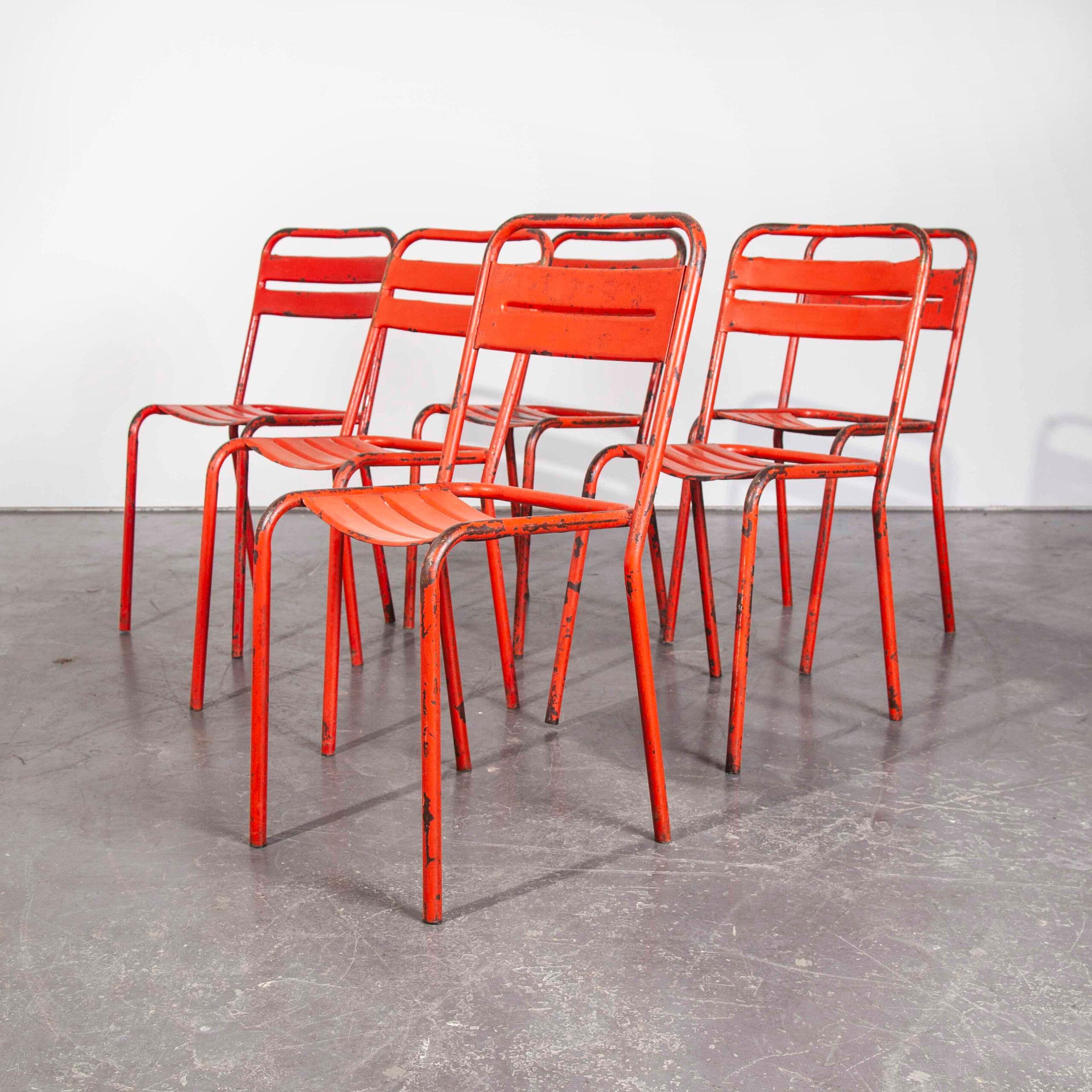 1950’s Vintage Original French Red Tolix Metal Café Dining Chairs, Set of Six 2