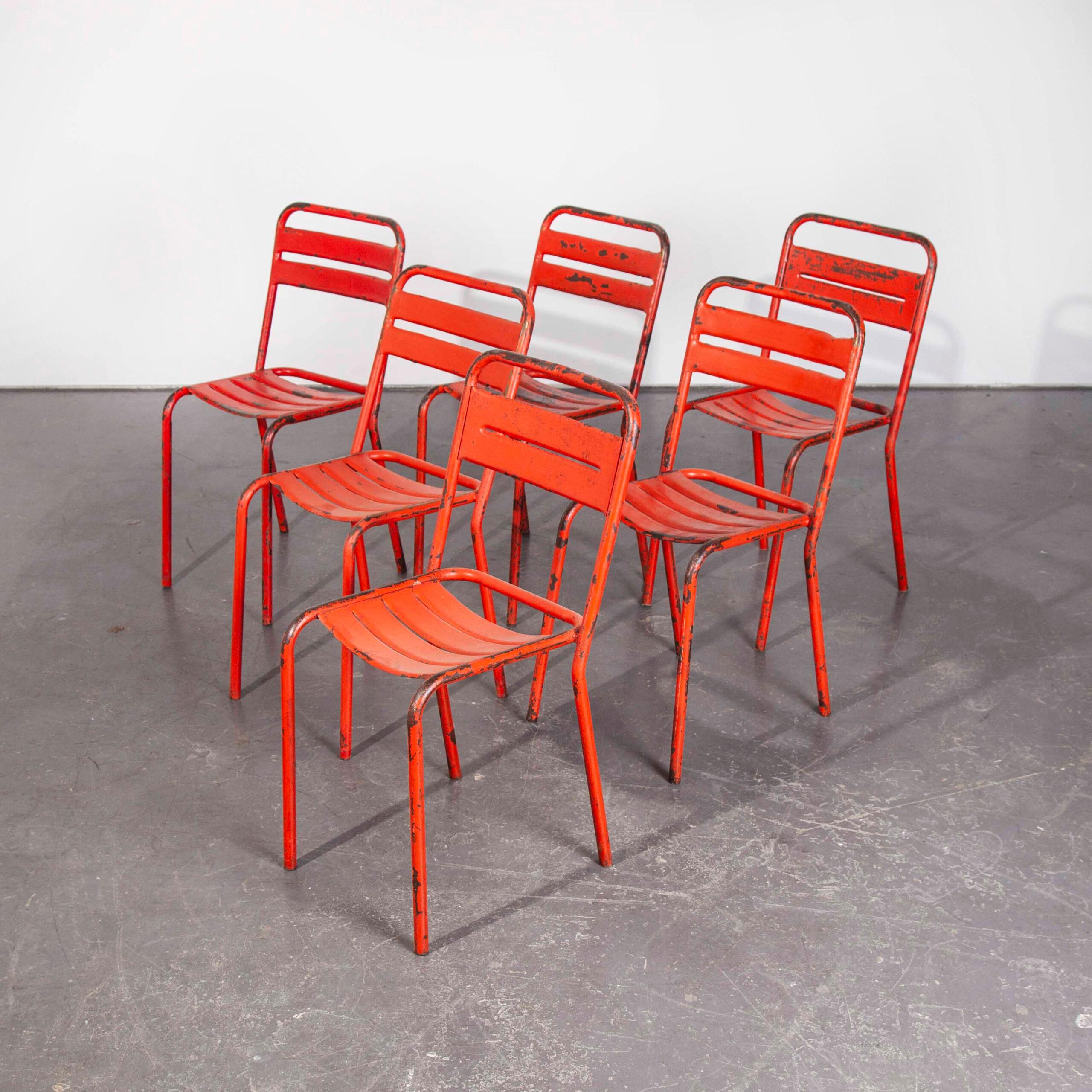 1950’s Vintage Original French Red Tolix Metal Café Dining Chairs, Set of Six 3