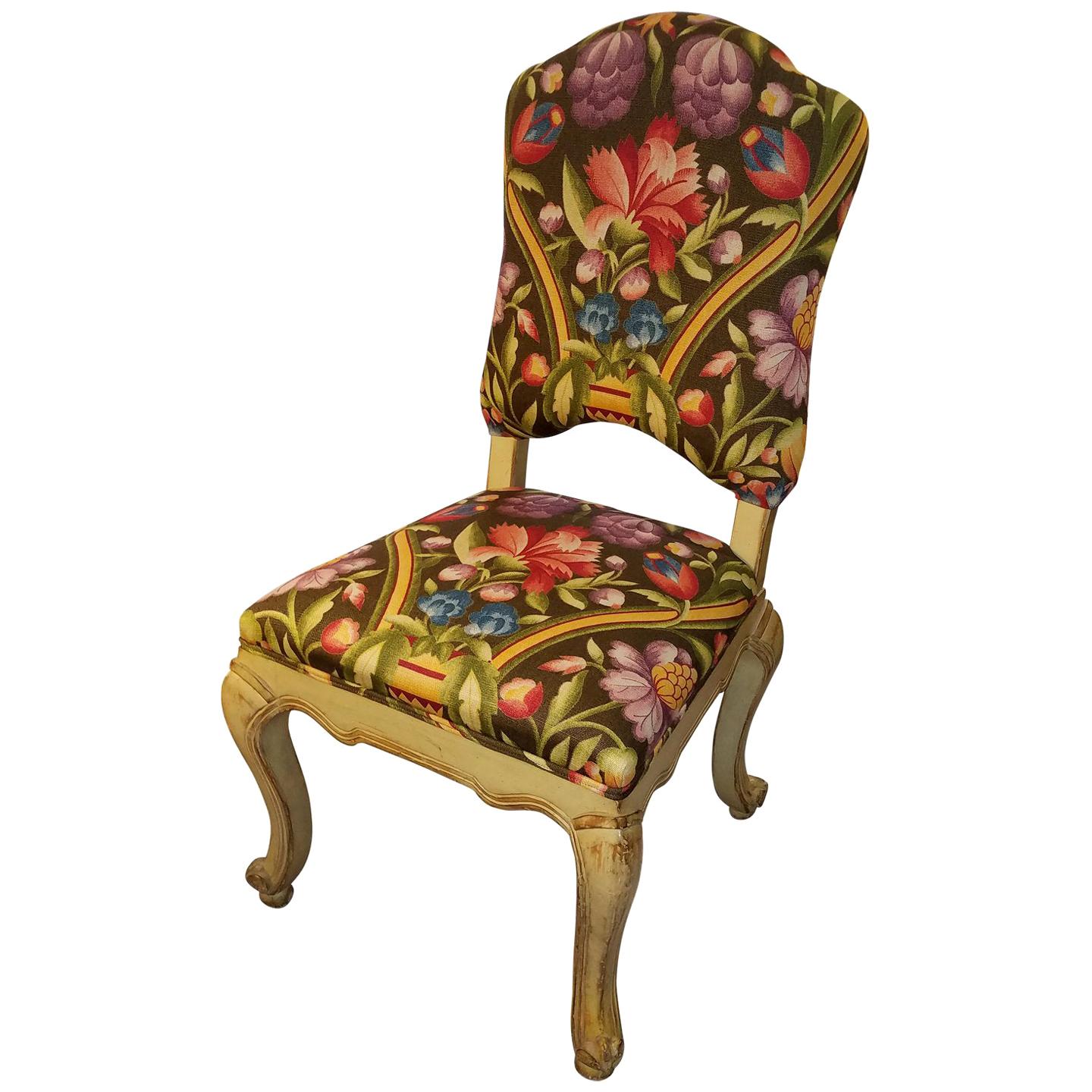 1950s Vintage Painted Venetian Side Chair in Clarence House Italian Linen