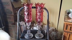 1950's Vintage Pair of Red Hand Painted Crystal Medallion Series Candle Lamps.