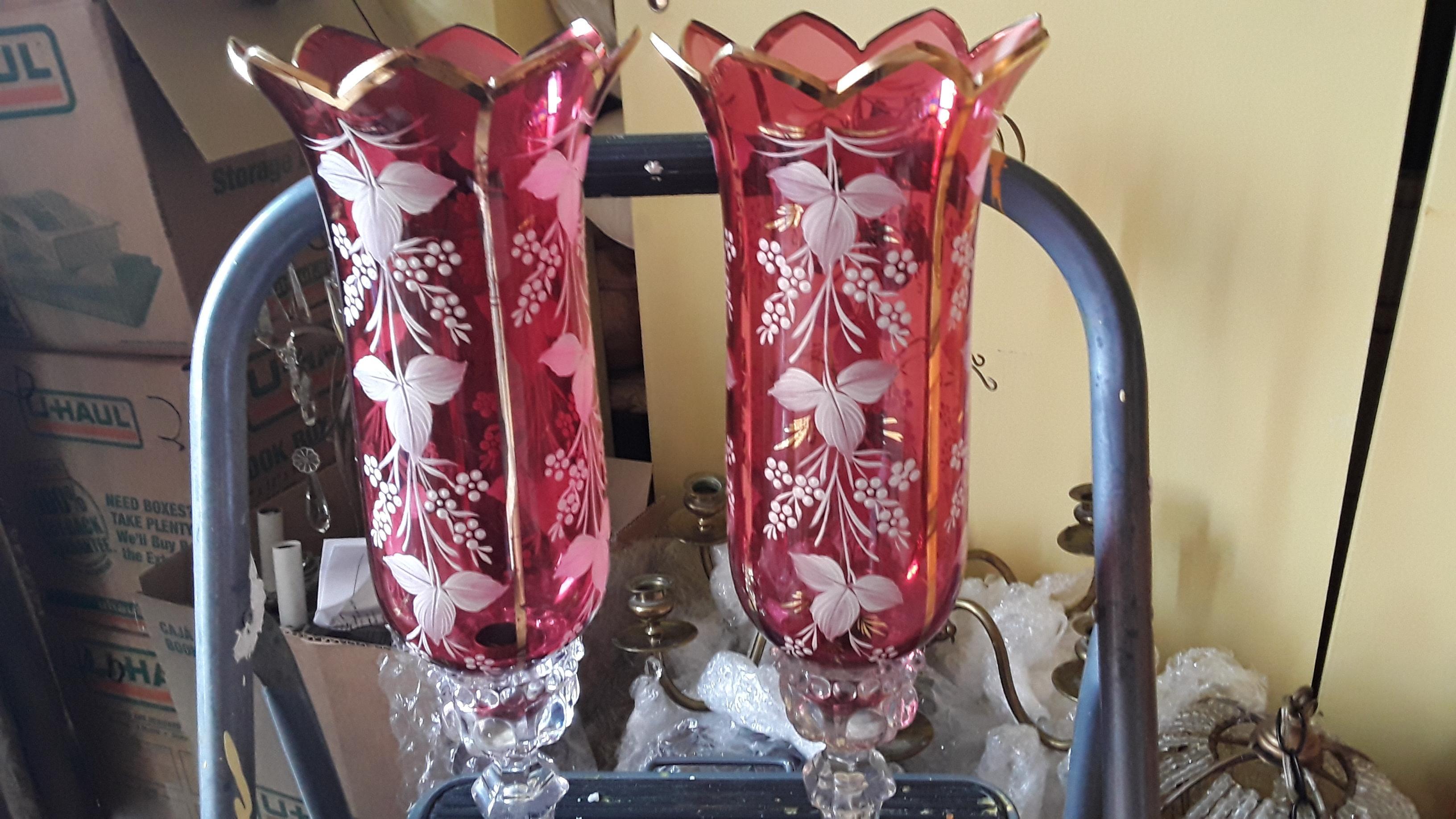 Mid-Century Modern 1950's Vintage Pair of Red Hand Painted Crystal Medallion Series Candle Lamps. For Sale