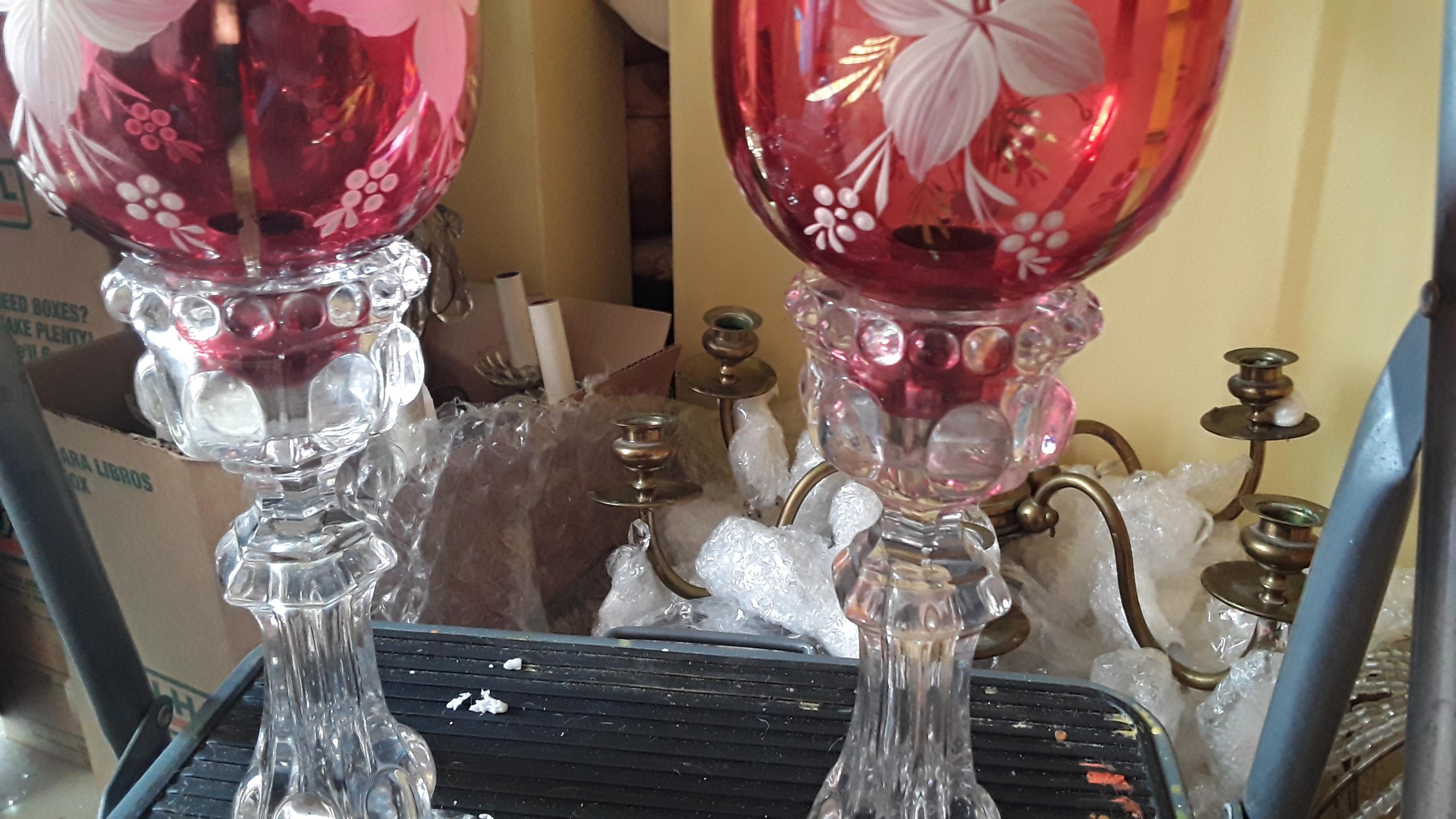 1950's Vintage Pair of Red Hand Painted Crystal Medallion Series Candle Lamps. In Good Condition For Sale In Opa Locka, FL