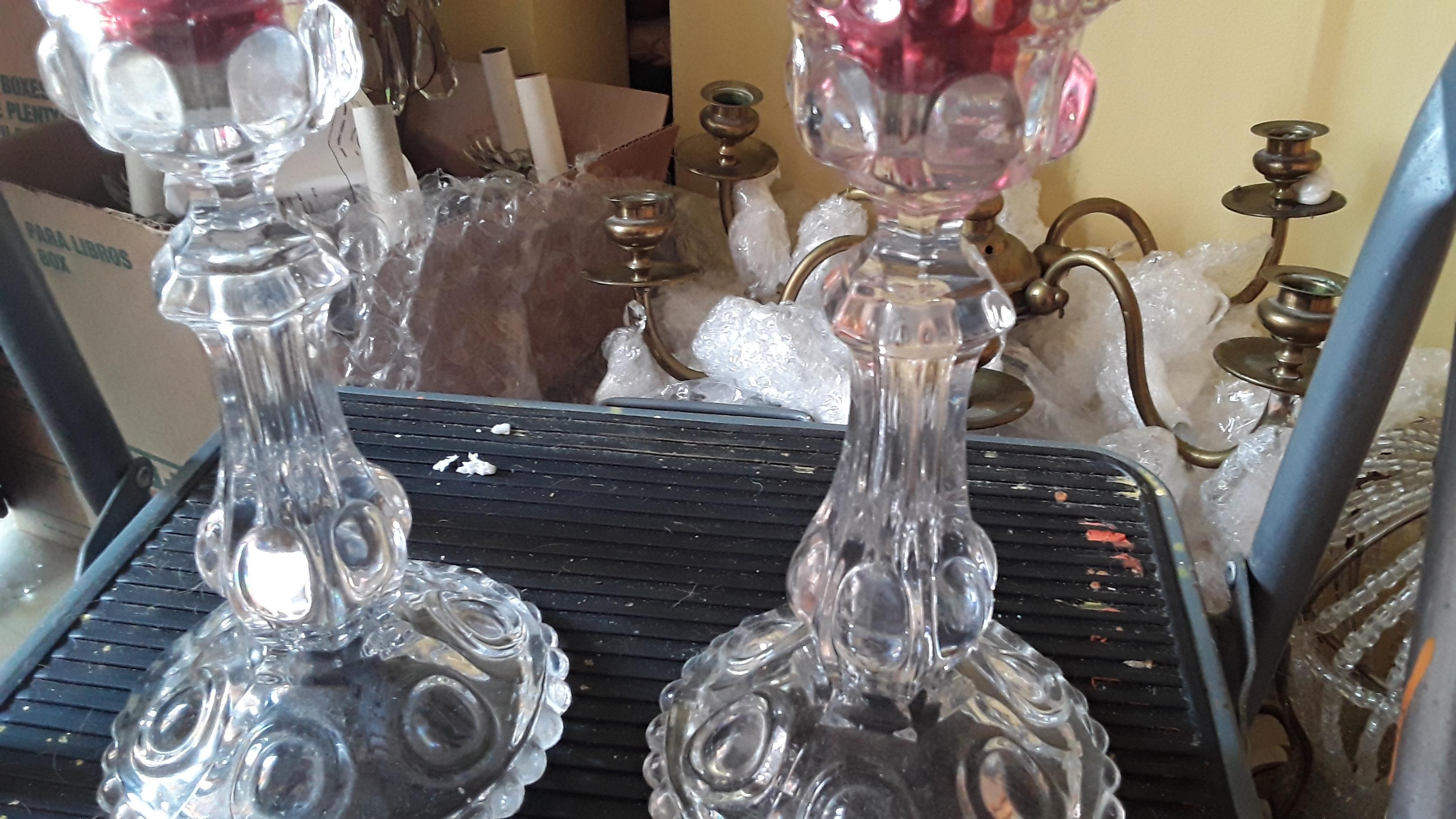 Mid-20th Century 1950's Vintage Pair of Red Hand Painted Crystal Medallion Series Candle Lamps. For Sale