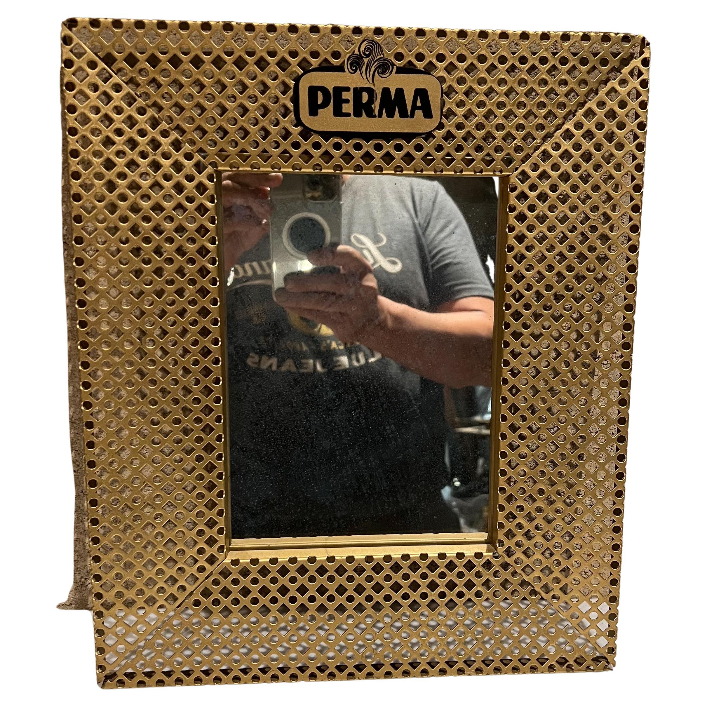 1950s Vintage Perma Mirror Picture Frame Perforated Gold Metal Italy For Sale