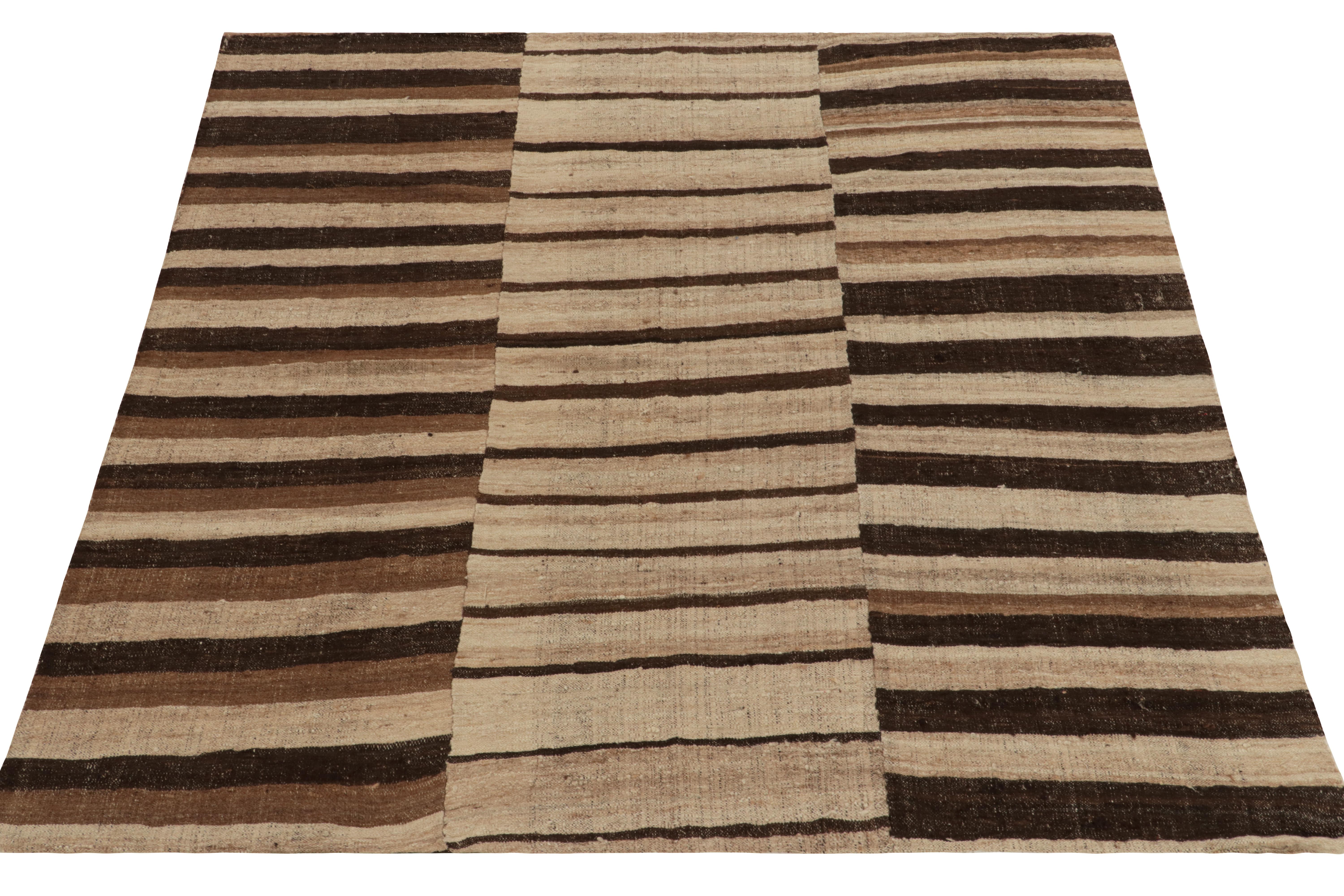 Hand-Knotted 1950s, Vintage Persian Kilim Rug in Panel, Beige-Brown Stripes by Rug & Kilim For Sale