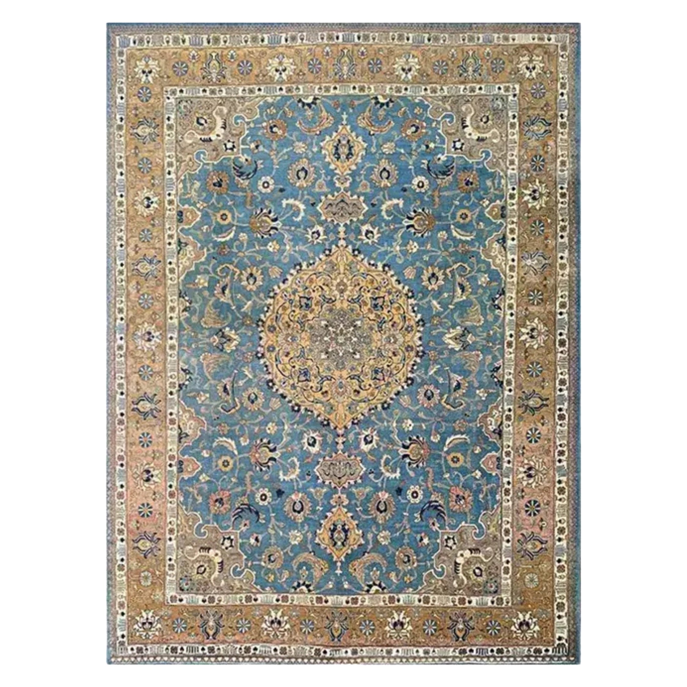 1950s Vintage Persian Tabriz Wool Area Rug with Floral Medallion, 9'3" x 12'7"