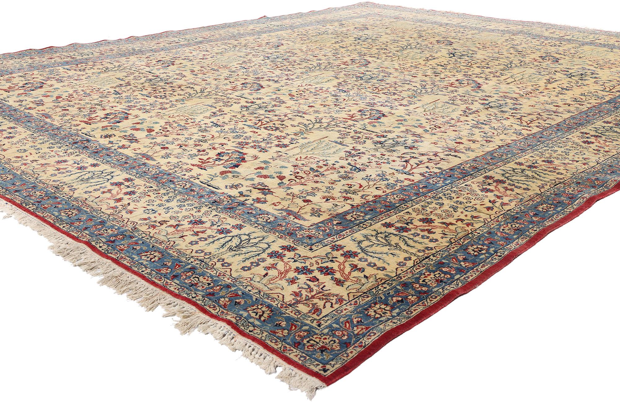 79126 Vintage Persian Tudeshk Nain Rug, 10'02 x 12'07. Dieser exquisite handgeknüpfte persische Nain-Teppich im Vintage-Stil von Tudeshk ist ein atemberaubendes Fest der Schönheit der Natur und der zeitlosen Kunstfertigkeit der persischen Weberei.