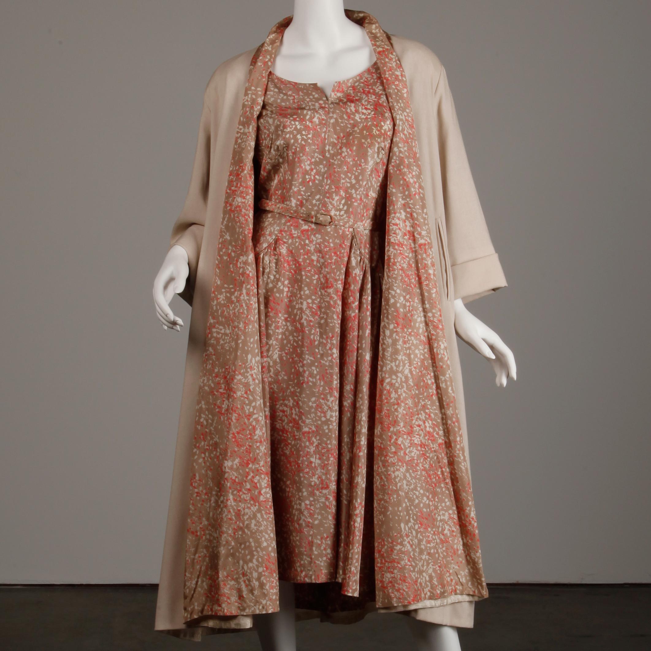 1950s Vintage Pink, Mauve + Beige 3-Piece Matching Dress/ Coat/ Belt Ensemble 2