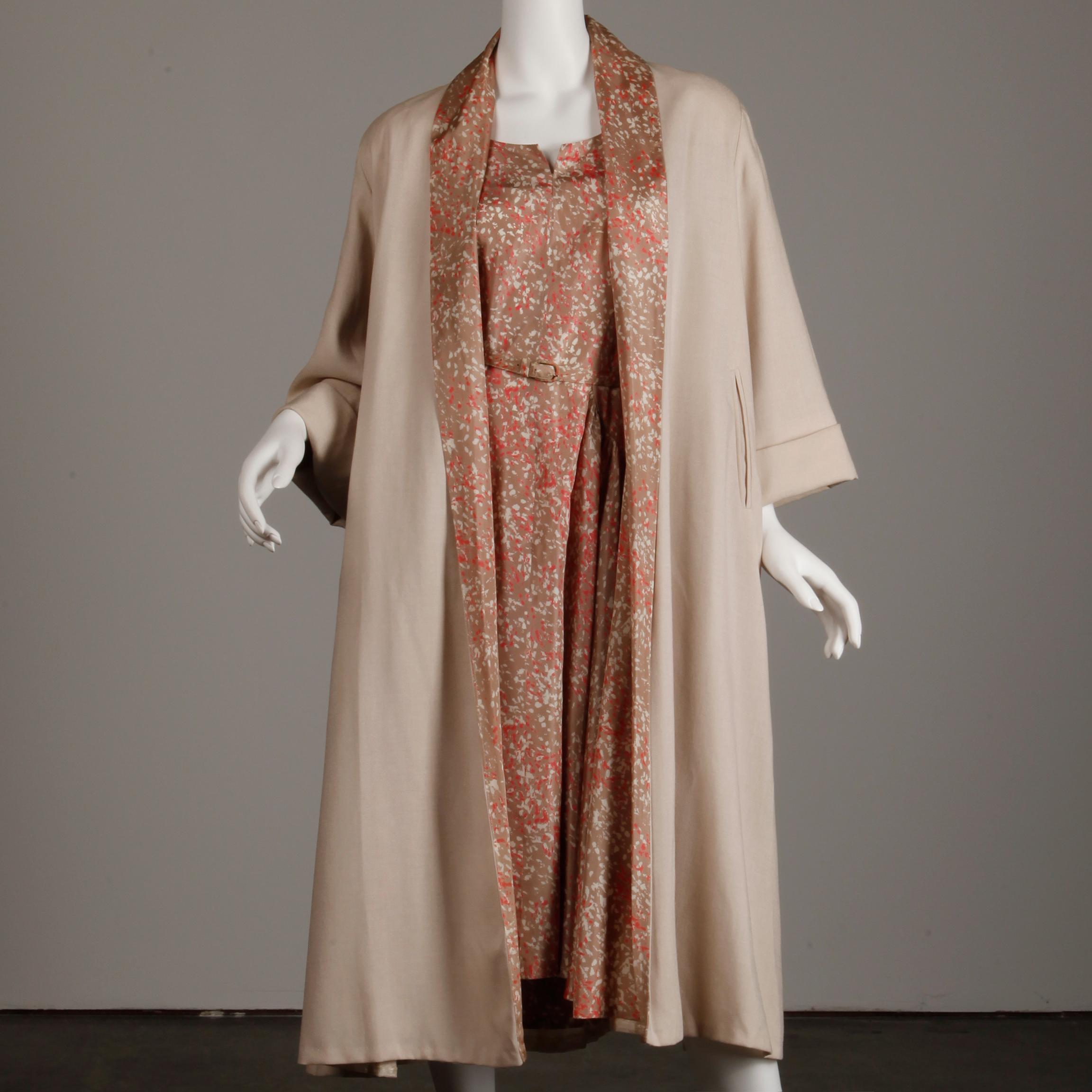 1950s Vintage Pink, Mauve + Beige 3-Piece Matching Dress/ Coat/ Belt Ensemble 4