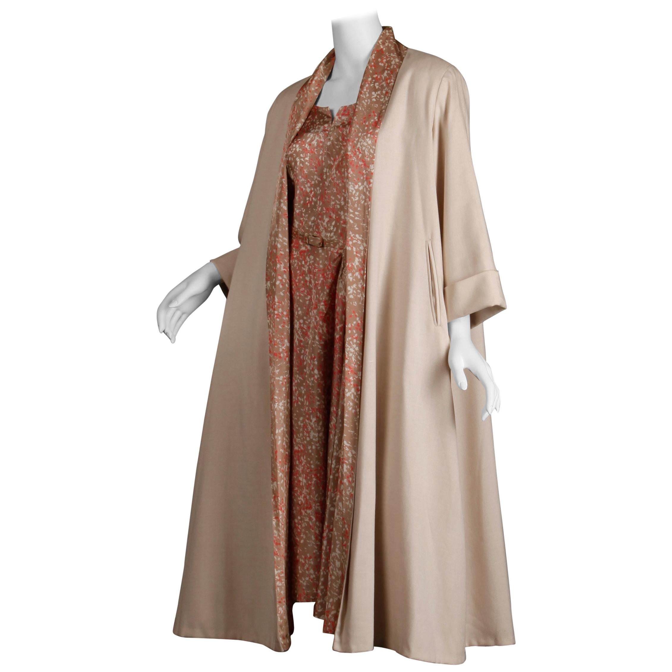 1950s Vintage Pink, Mauve + Beige 3-Piece Matching Dress/ Coat/ Belt Ensemble