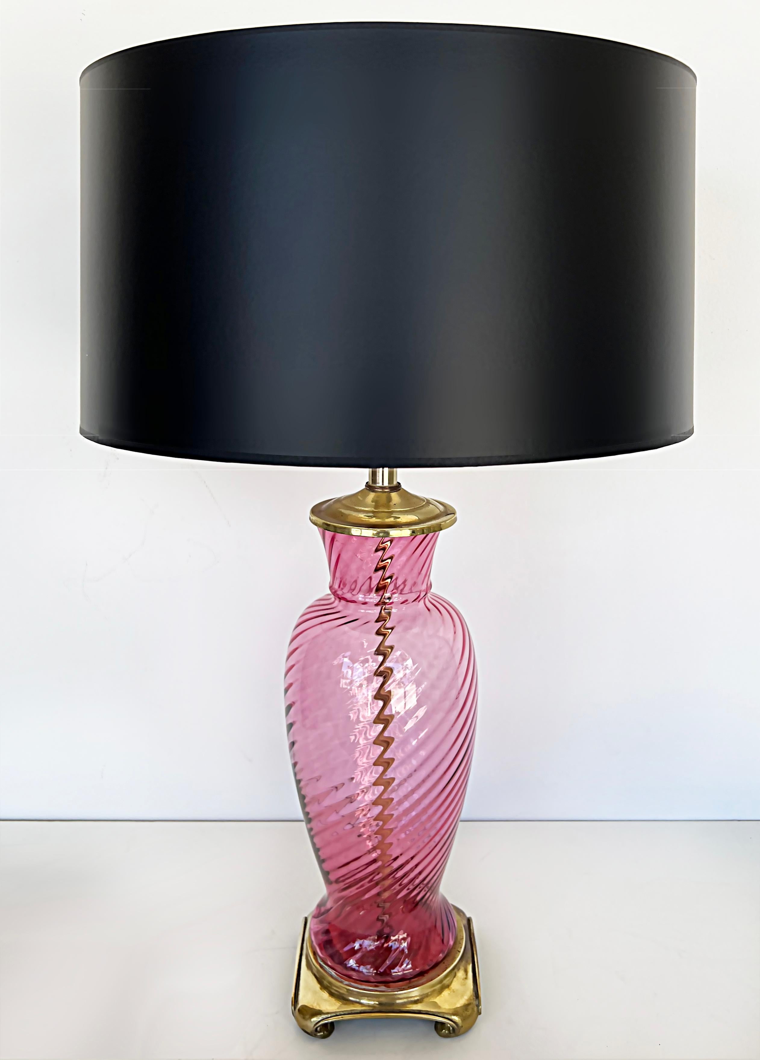Mid-Century Modern 1950s Vintage Pink Murano Glass Table Lamps, Brass Bases, Pair