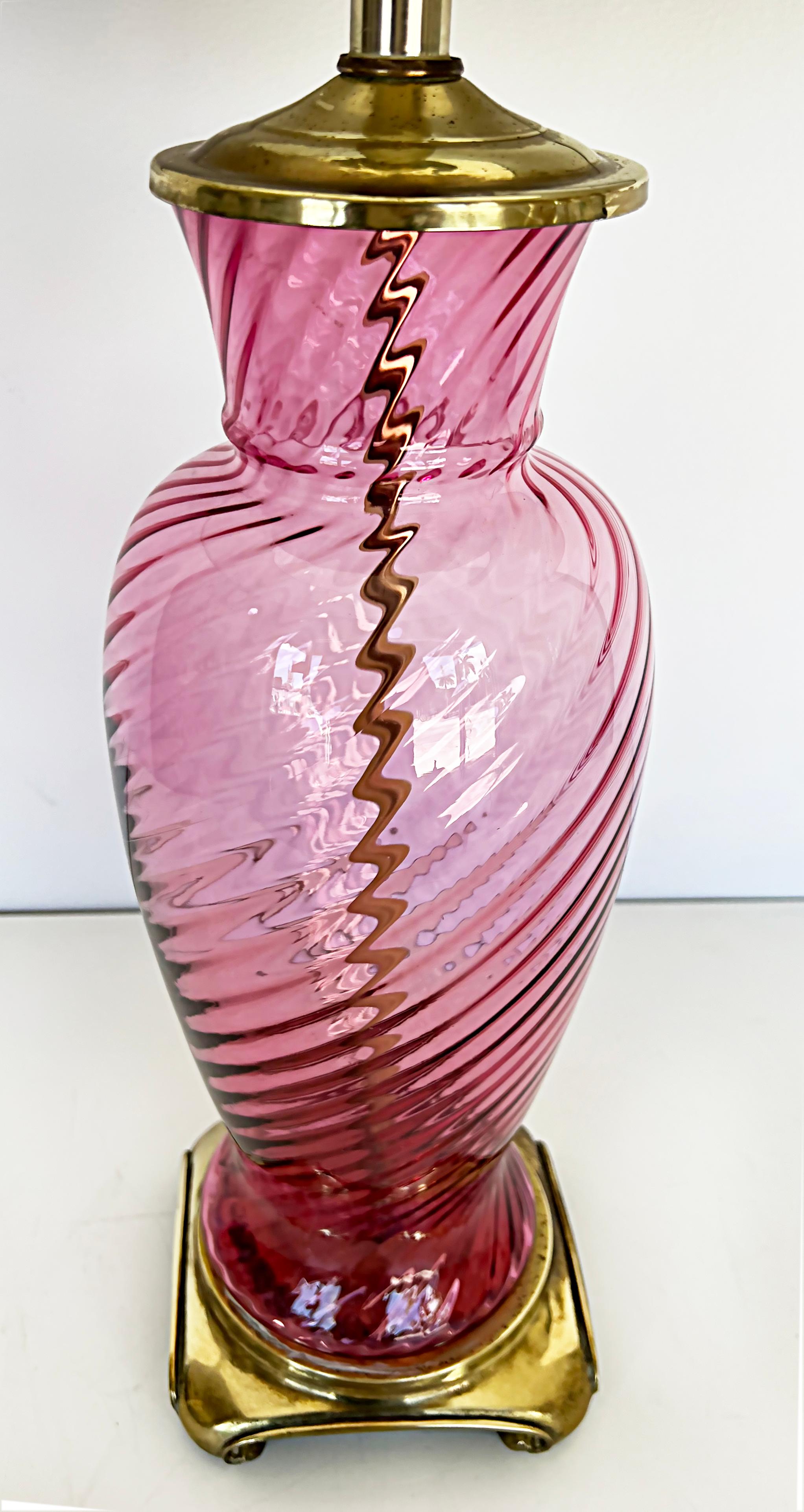 Mid-20th Century 1950s Vintage Pink Murano Glass Table Lamps, Brass Bases, Pair