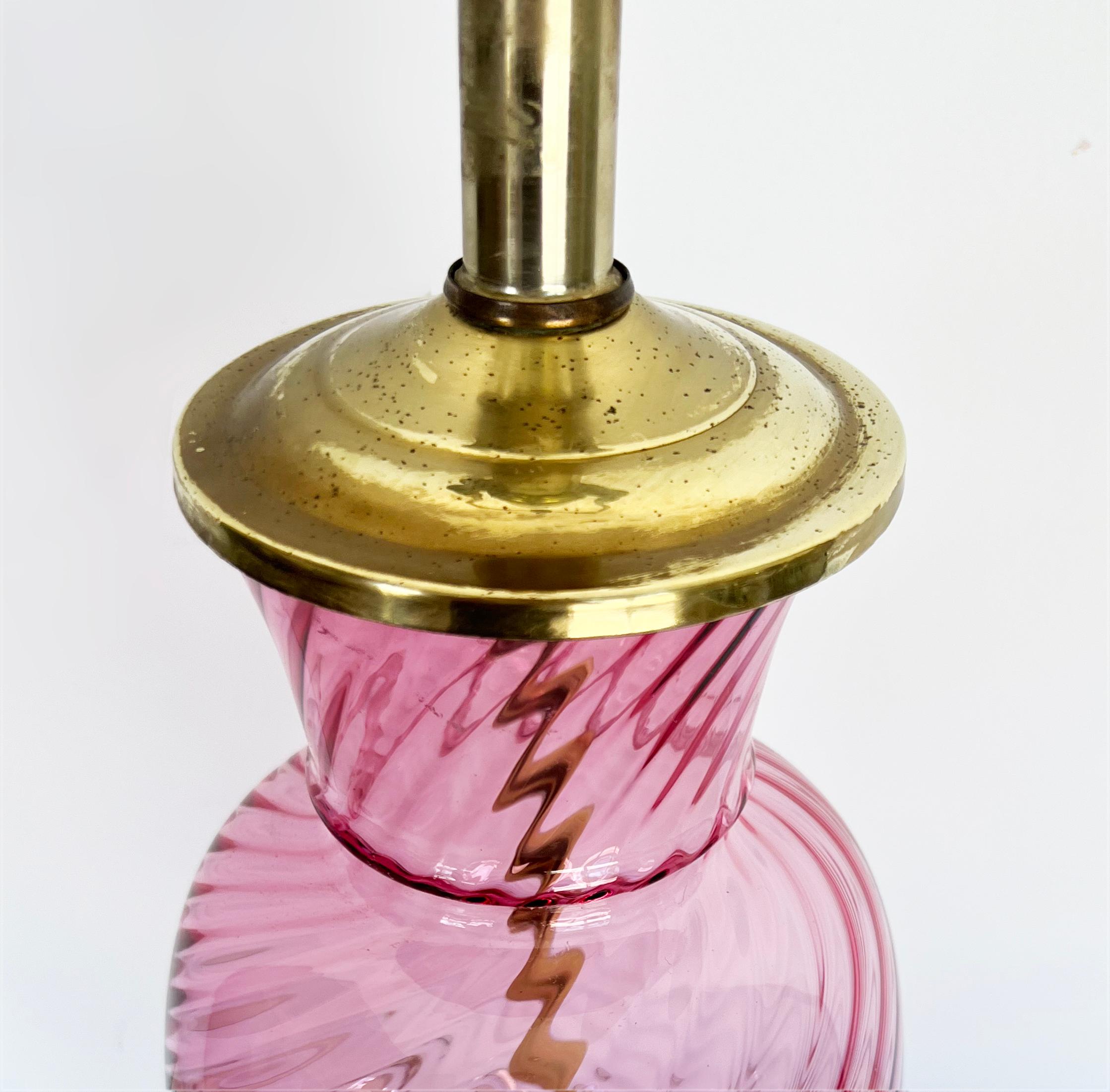 1950s Vintage Pink Murano Glass Table Lamps, Brass Bases, Pair 2