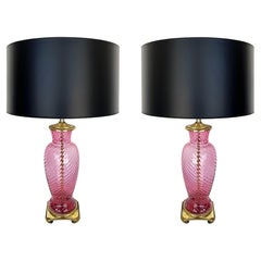 1950s Vintage Pink Murano Glass Table Lamps, Brass Bases, Pair
