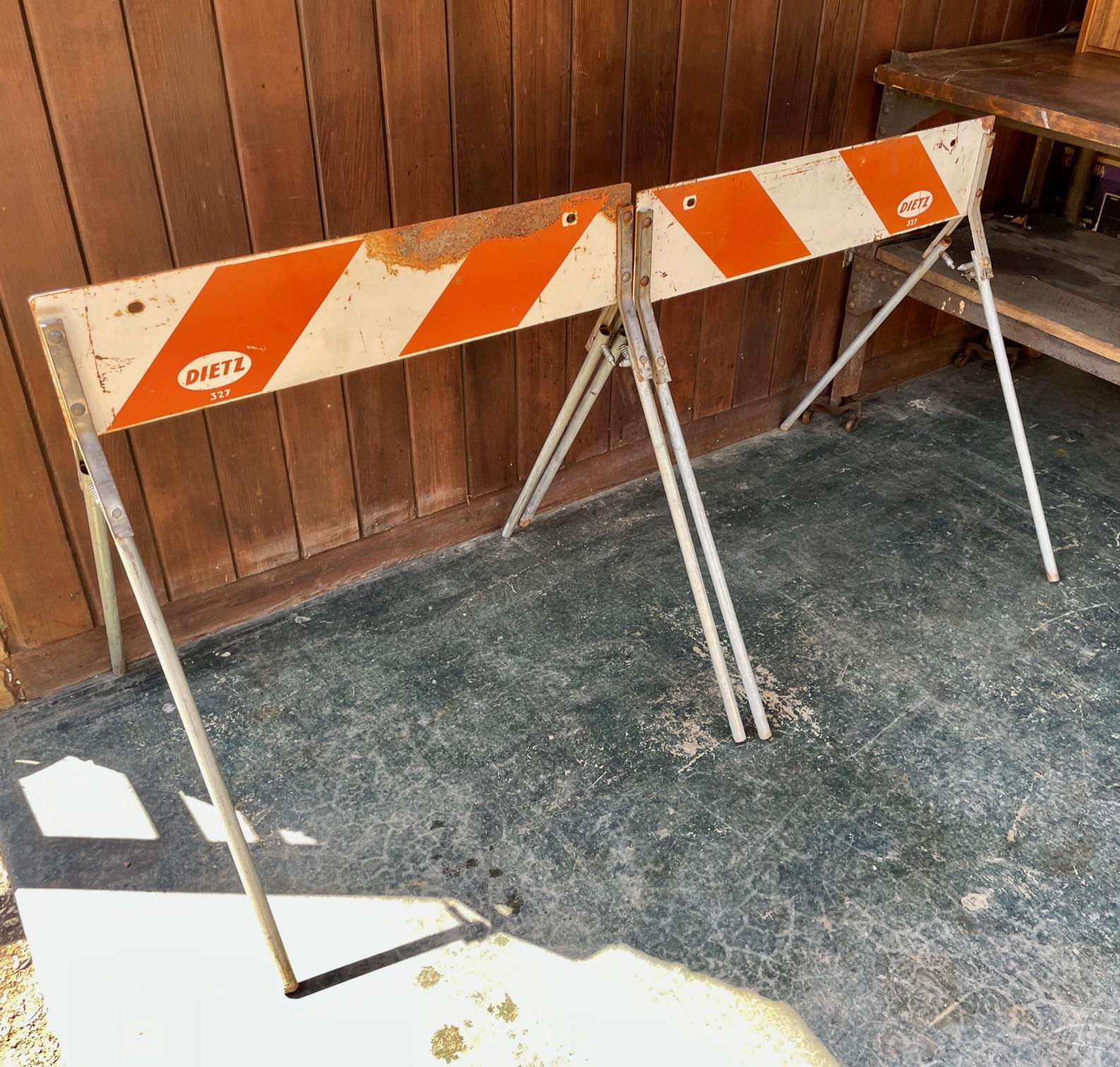 Vintage Industrial steel road block/traffic cop construction blockade. Decor for hotrod greaser garage or man-cave. Made in USA, circa 1950s. Fair Vintage Condition; Showing wear and patina to all surface. All steel construction, good weight. Lots