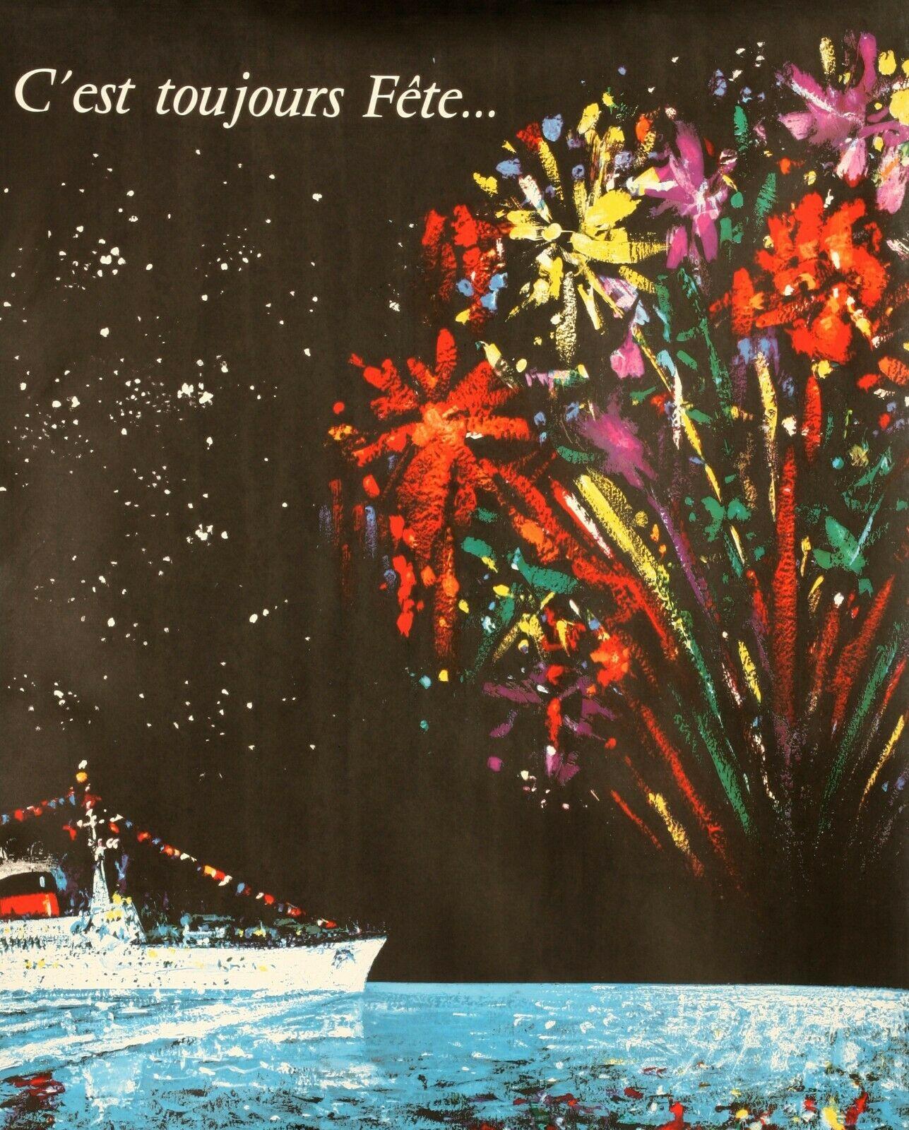 1950s Vintage Poster-Bouvard-At Sea-Cruise Ship-Fireworks Party, 1956

Advertising poster for Compagnie Générale Transatlantique, which offers trips on large ships such as the 