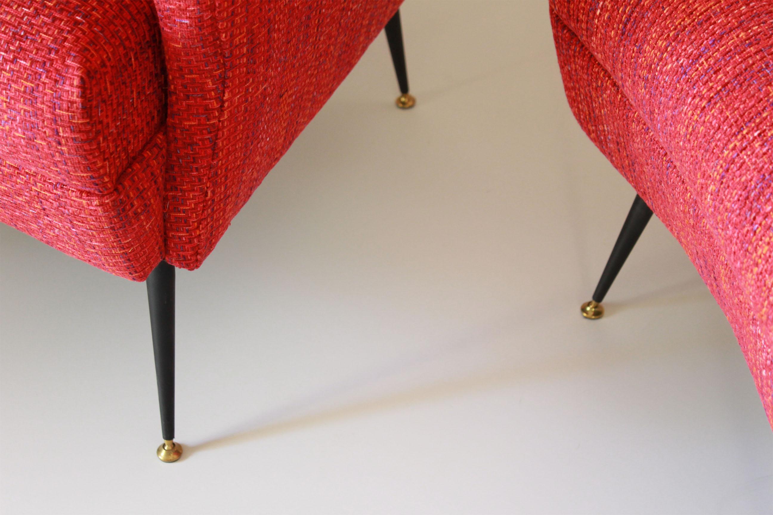 Italian 1950s Vintage Red Armchairs, Set of Two