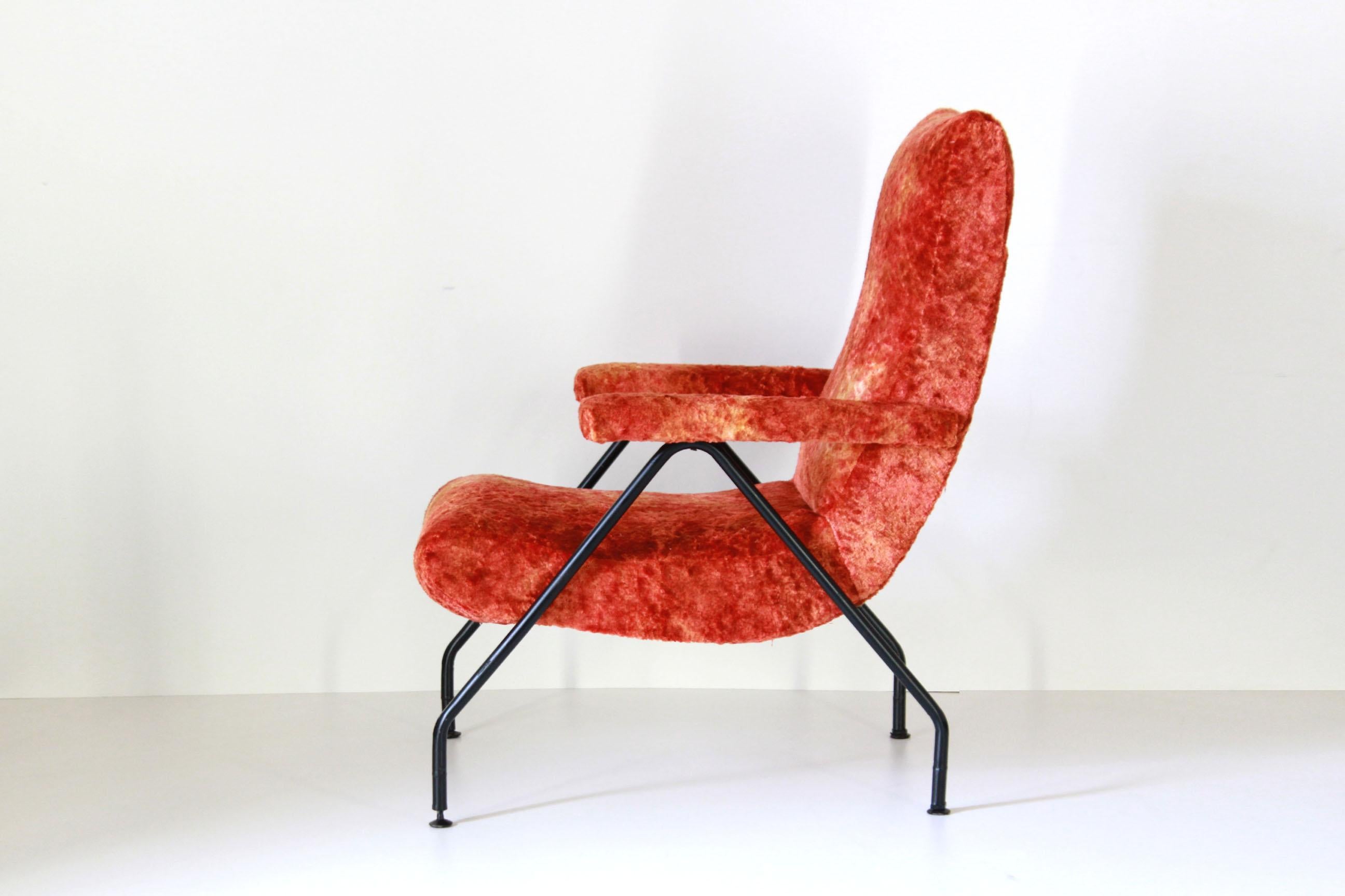 Mid-Century Modern 1950s Vintage Red Fabric Armchair