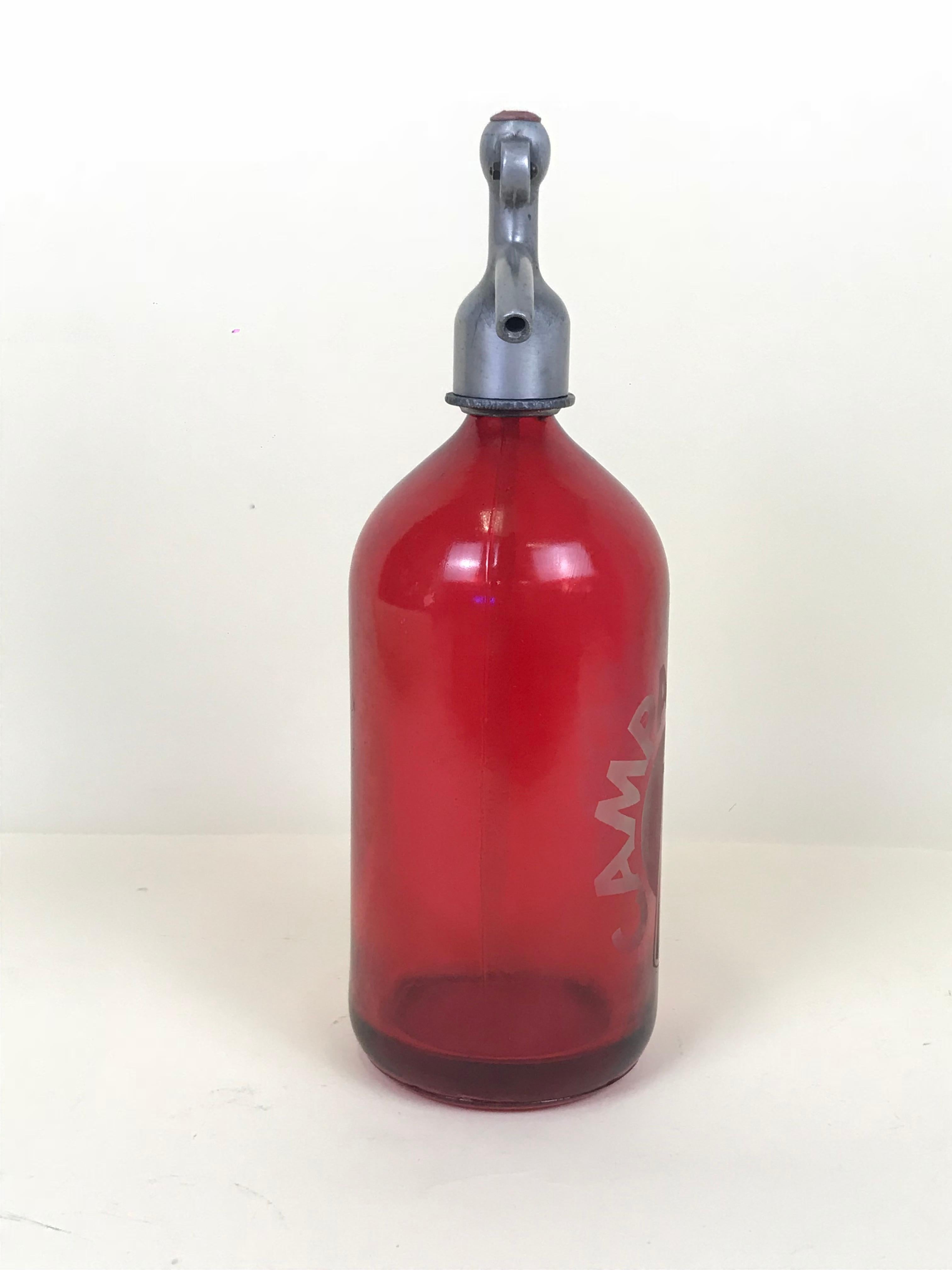 Mid-20th Century 1950s Vintage Red Glass Italian Soda Syphon Seltzer Campari Soda Bar Bottle