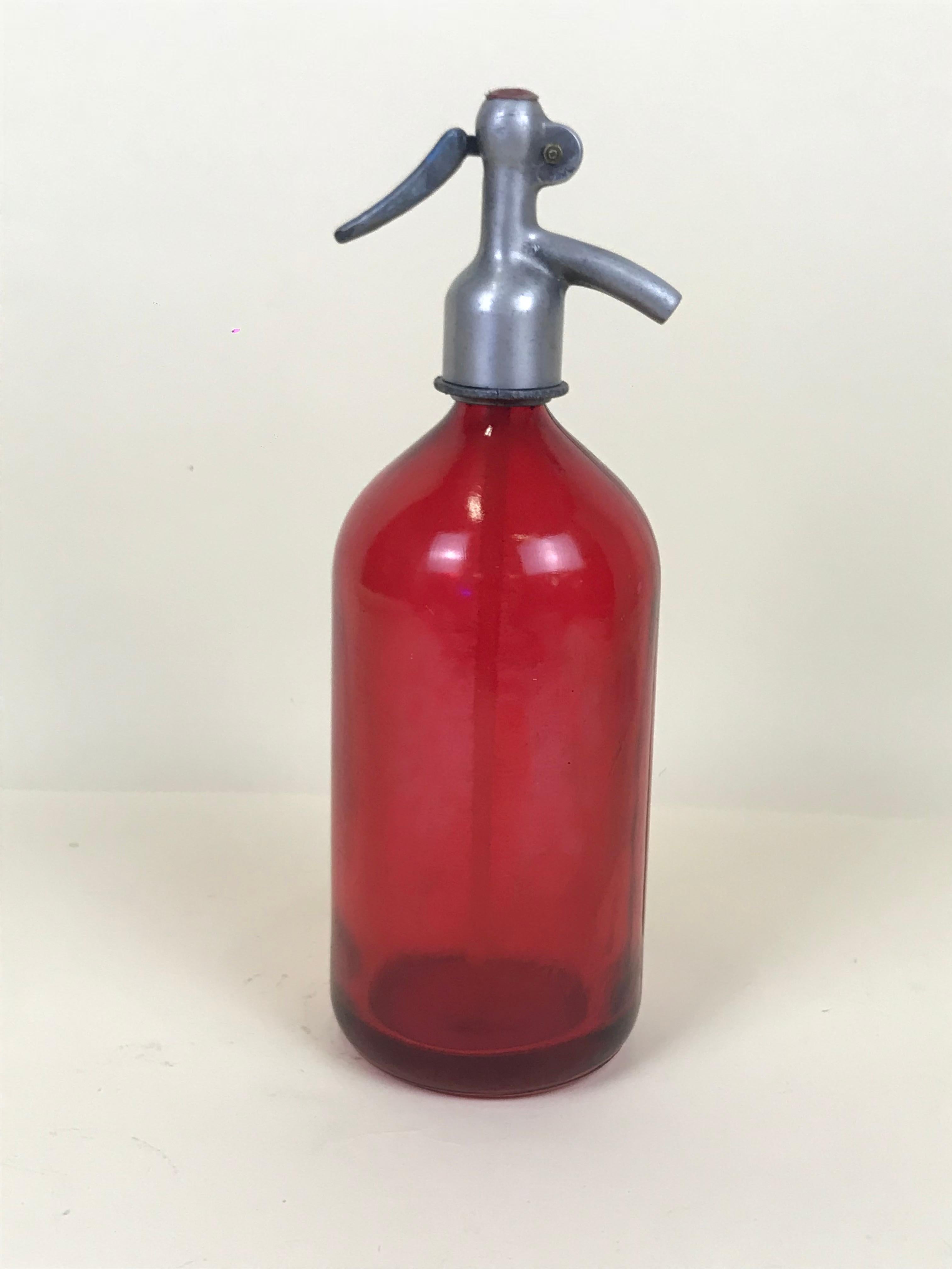 Metal 1950s Vintage Red Glass Italian Soda Syphon Seltzer Campari Soda Bar Bottle