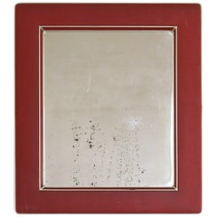 Vintage Red wall Mirror, Golden Iron & Red Faux Leather Frame, Italy 1950s