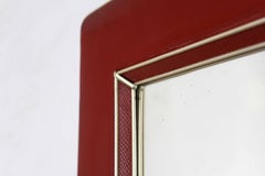 Vintage Red wall Mirror, Golden Iron & Red Faux Leather Frame, Italy 1950s