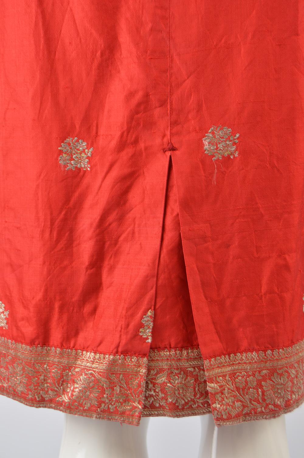 1950s Vintage Red Silk & Gold Brocade Indian Sari Style Fabric Dress 3